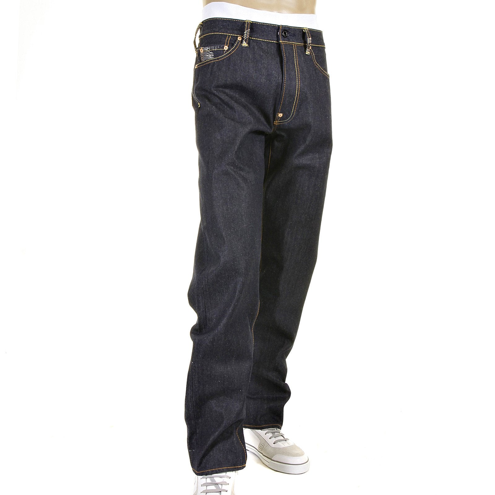 RMC JEANS WHITE PAINTED LOGO SUPER EXCLUSIVE DARK INDIGO 1001 MODEL SLIM FIT RAW DENIM JEANS FOR MEN REDM0444