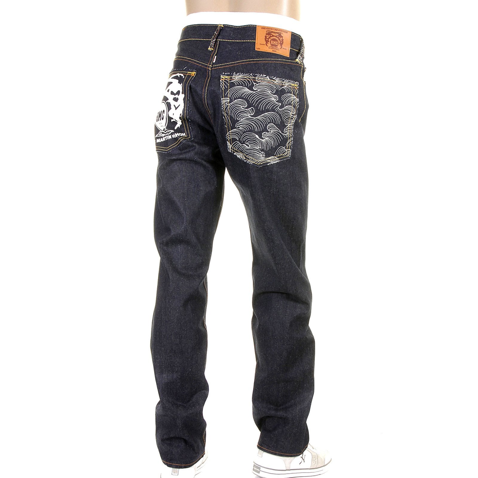 RMC JEANS WHITE PAINTED LOGO SUPER EXCLUSIVE DARK INDIGO 1001 MODEL SLIM FIT RAW DENIM JEANS FOR MEN REDM0444