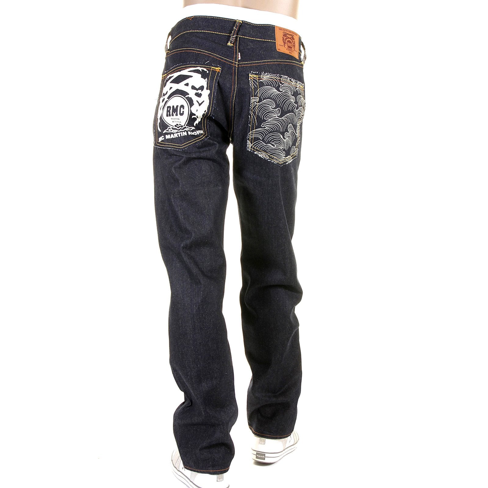RMC JEANS WHITE PAINTED LOGO SUPER EXCLUSIVE DARK INDIGO 1001 MODEL SLIM FIT RAW DENIM JEANS FOR MEN REDM0444