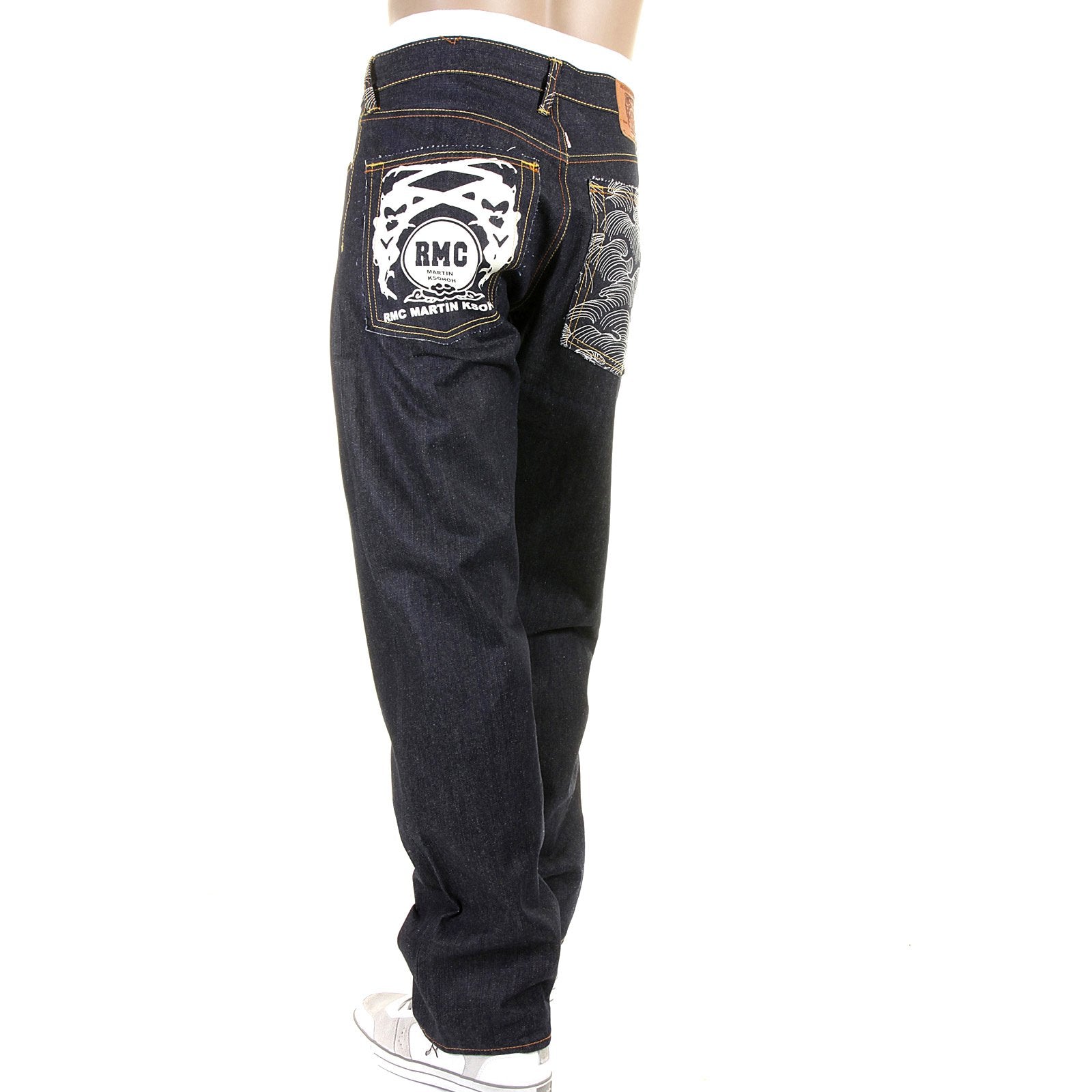 RMC JEANS WHITE PAINTED LOGO SUPER EXCLUSIVE DARK INDIGO 1001 MODEL SLIM FIT RAW DENIM JEANS FOR MEN REDM0444