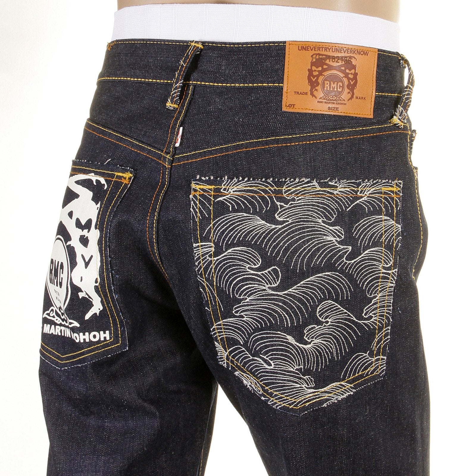 RMC JEANS WHITE PAINTED LOGO SUPER EXCLUSIVE DARK INDIGO 1001 MODEL SLIM FIT RAW DENIM JEANS FOR MEN REDM0444