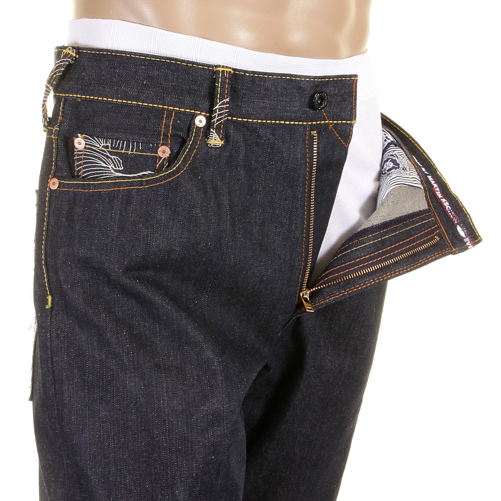 RMC JEANS WHITE PAINTED LOGO SUPER EXCLUSIVE DARK INDIGO 1001 MODEL SLIM FIT RAW DENIM JEANS FOR MEN REDM0444