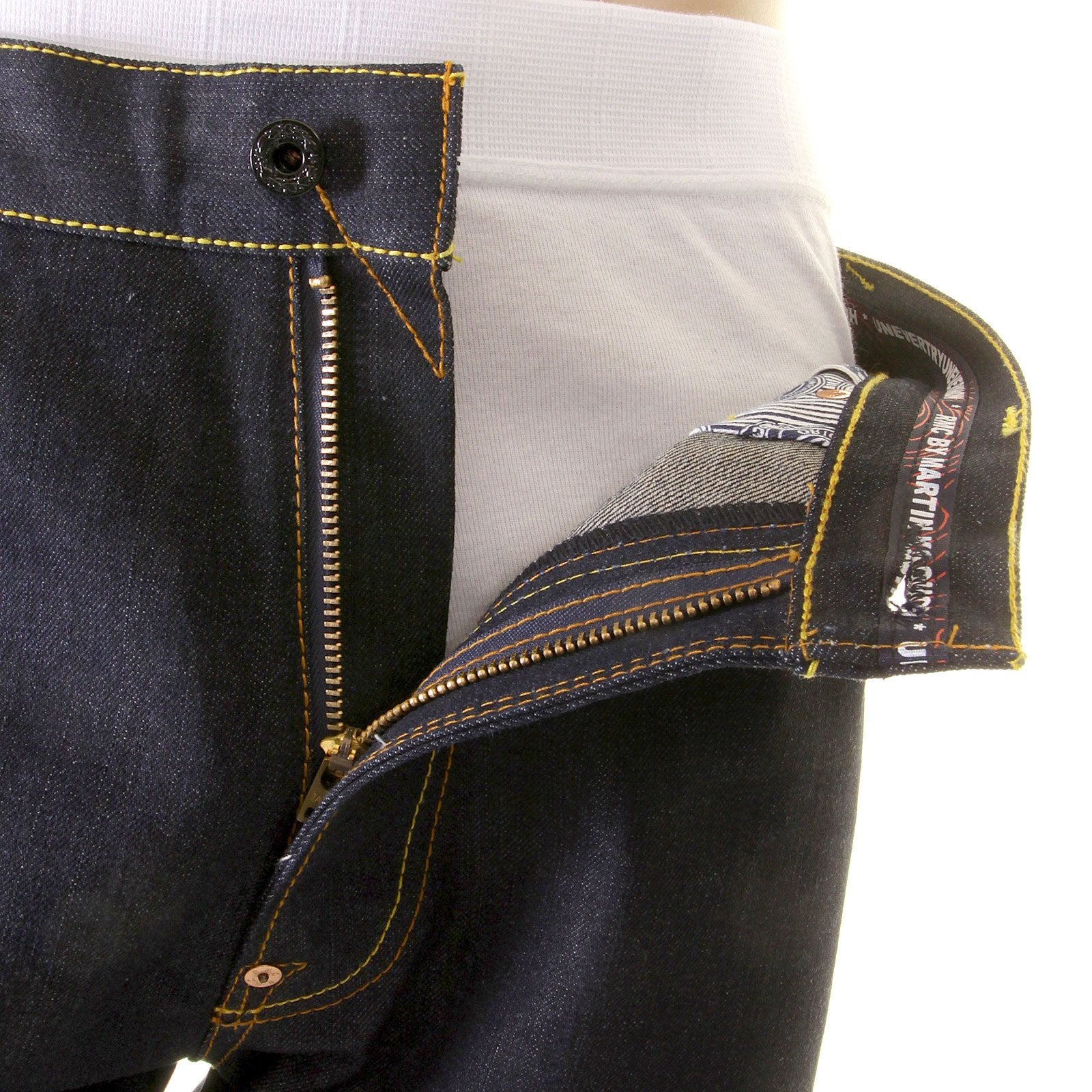 RMC JEANS WHITE PAINTED LOGO SUPER EXCLUSIVE DARK INDIGO 1001 MODEL SLIM FIT RAW DENIM JEANS FOR MEN REDM0444