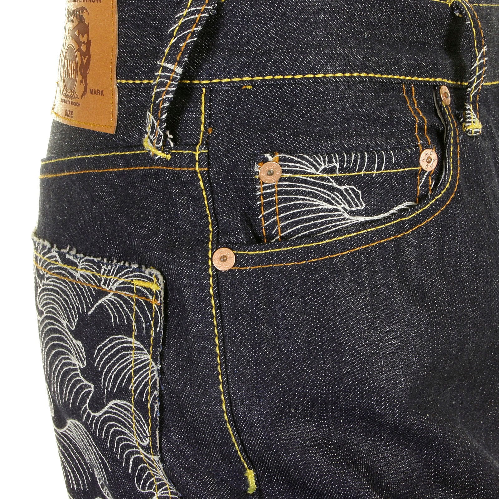 RMC JEANS WHITE PAINTED LOGO SUPER EXCLUSIVE DARK INDIGO 1001 MODEL SLIM FIT RAW DENIM JEANS FOR MEN REDM0444