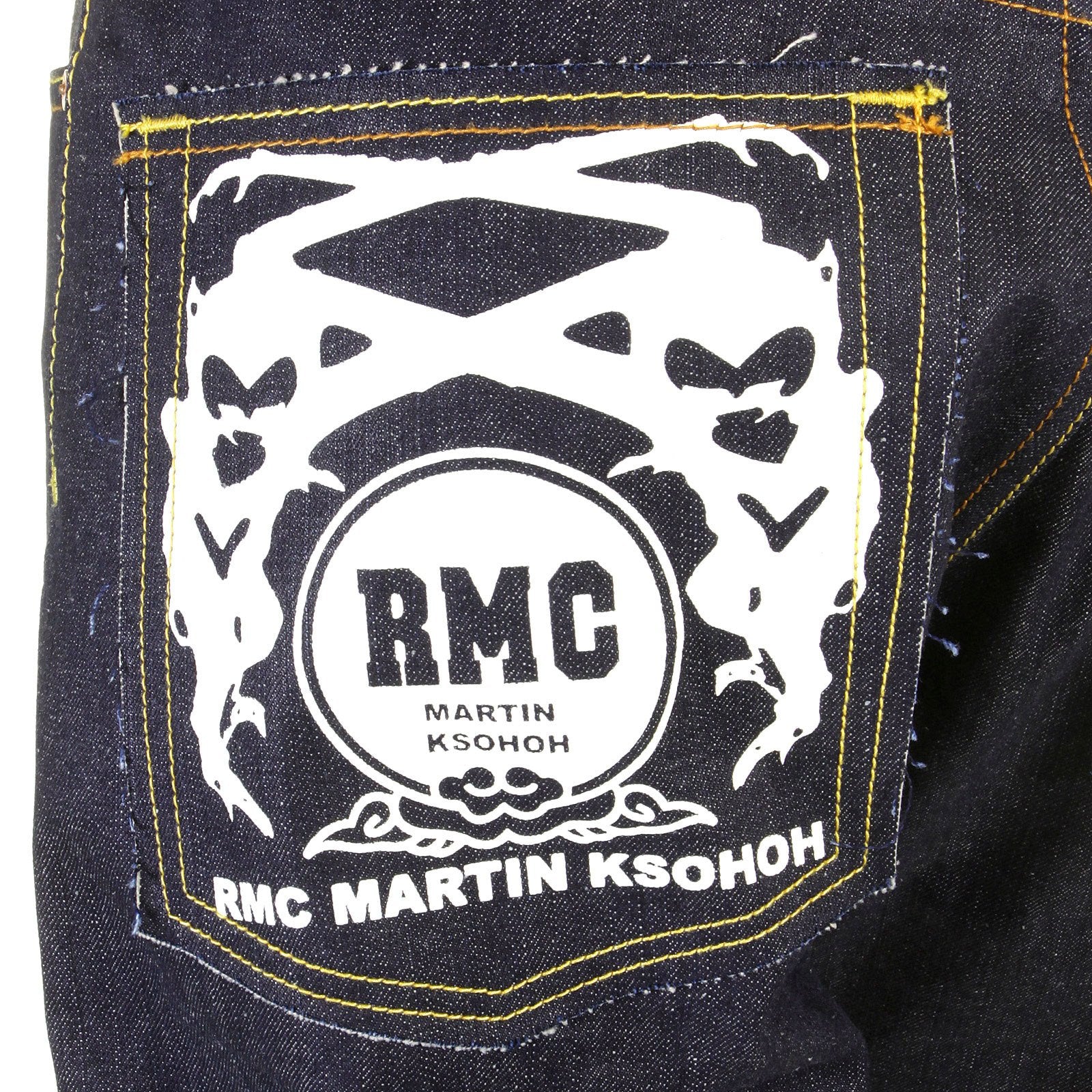 RMC JEANS WHITE PAINTED LOGO SUPER EXCLUSIVE DARK INDIGO 1001 MODEL SLIM FIT RAW DENIM JEANS FOR MEN REDM0444