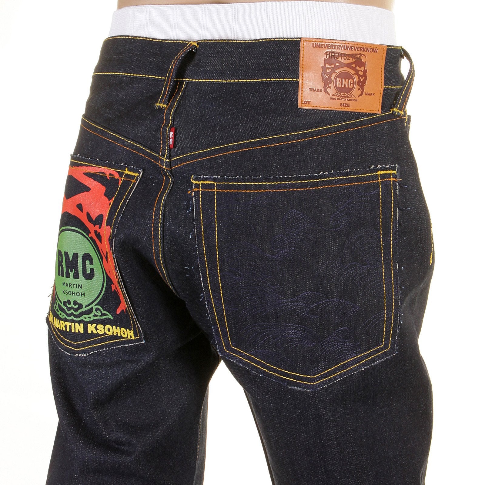 RMC JEANS SUPER EXCLUSIVE EMBROIDERED TSUNAMI WAVE PAINTED LOGO DARK INDIGO SLIM CUT RAW DENIM JEANS REDM1309