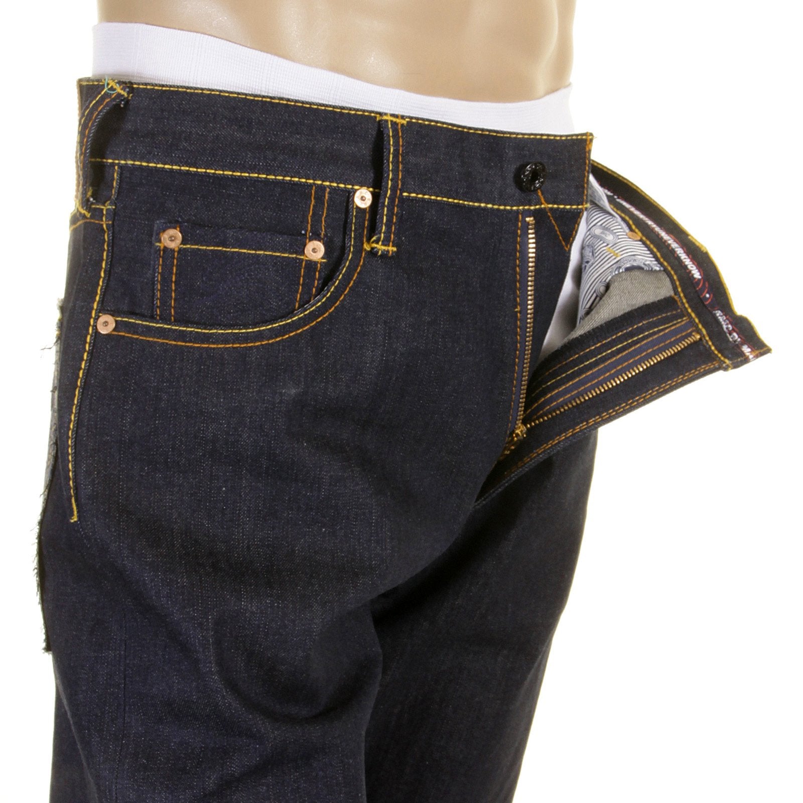 RMC JEANS SUPER EXCLUSIVE EMBROIDERED TSUNAMI WAVE PAINTED LOGO DARK INDIGO SLIM CUT RAW DENIM JEANS REDM1309