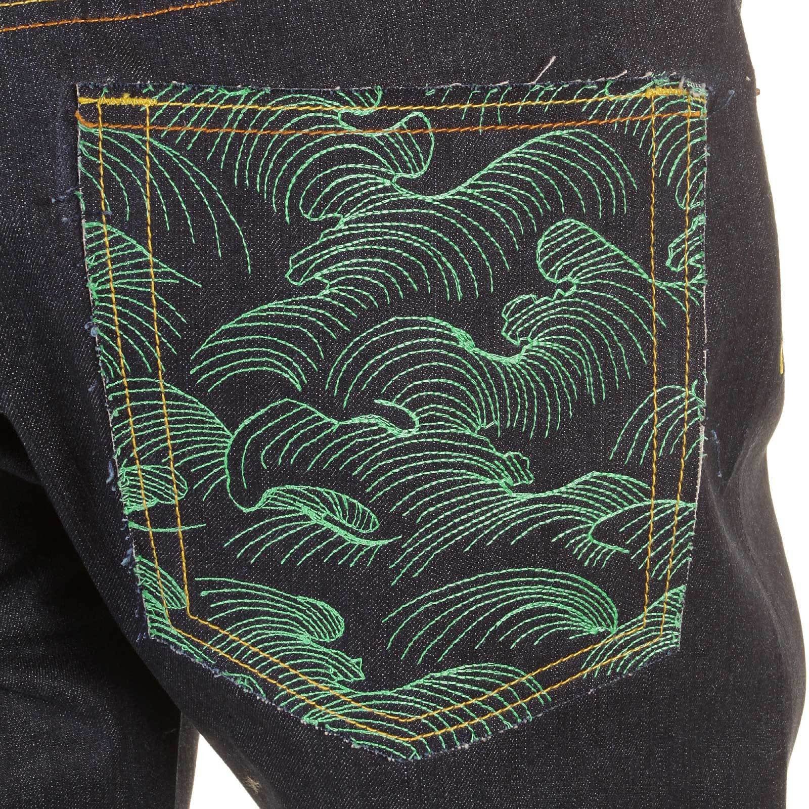 RMC JEANS RARE 1001 MODEL EMBROIDERED TSUNAMI WAVE SLIM CUT PAINTED LOGO RAW DENIM DARK INDIGO JEANS REDM1425