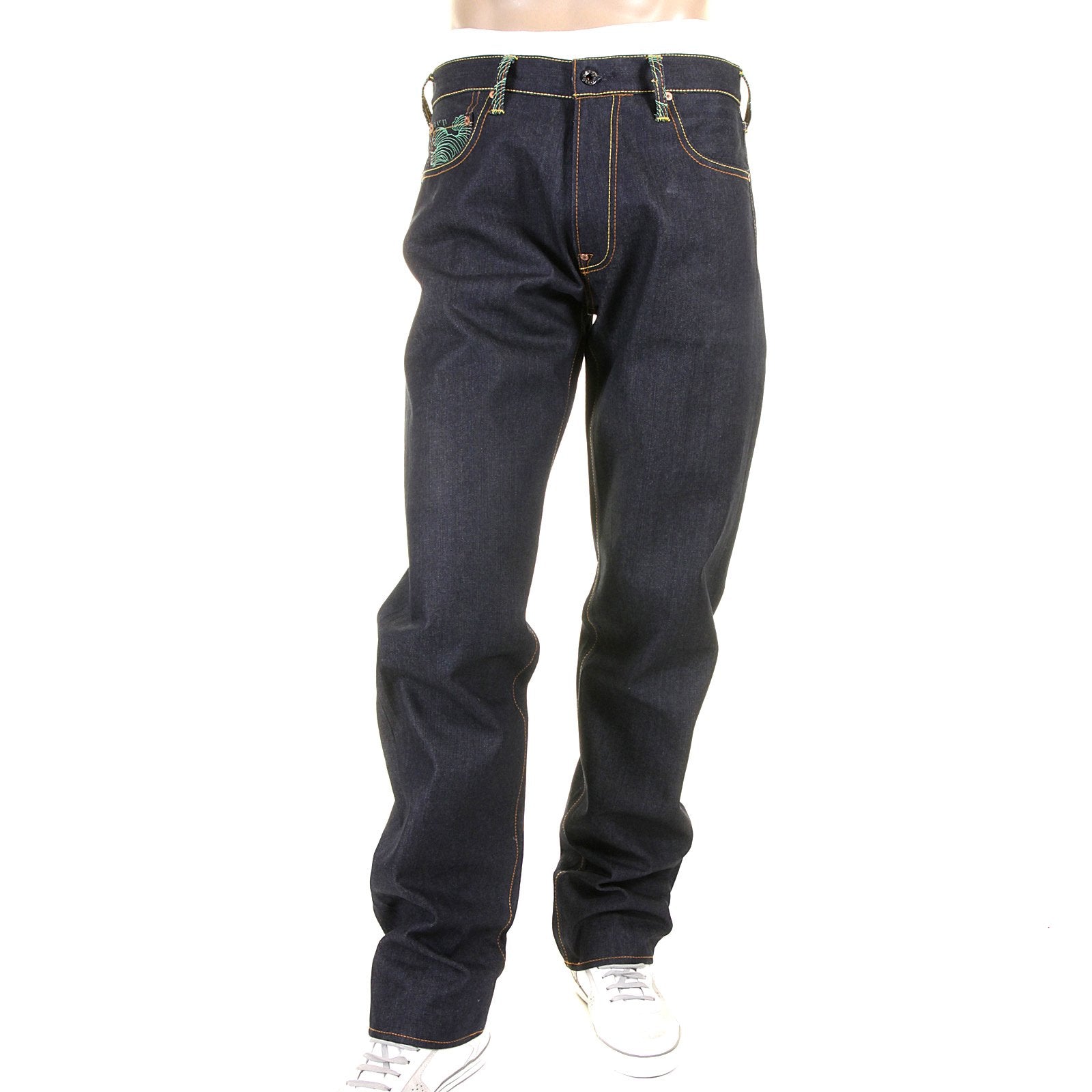RMC JEANS RARE 1001 MODEL EMBROIDERED TSUNAMI WAVE SLIM CUT PAINTED LOGO RAW DENIM DARK INDIGO JEANS REDM1425
