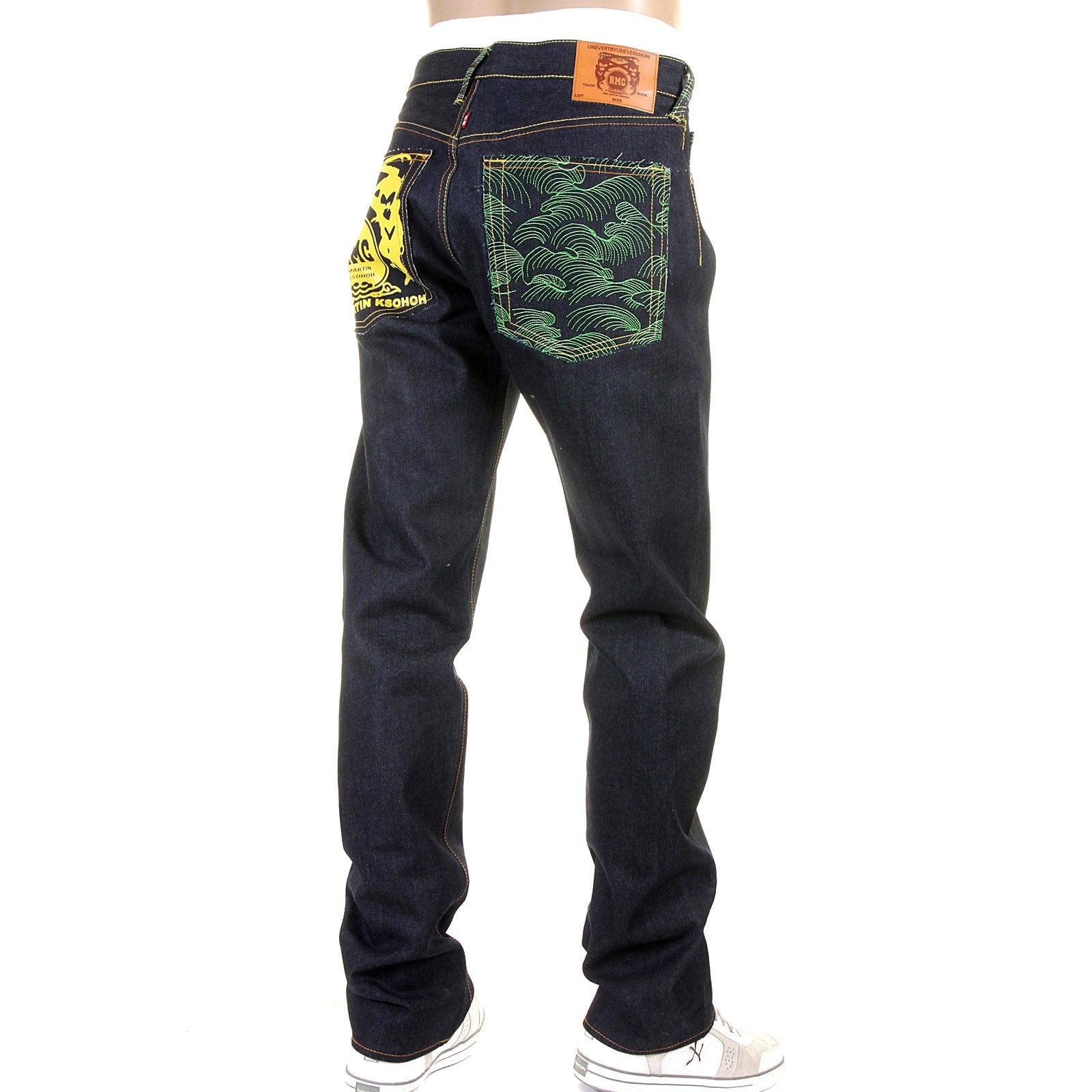 RMC JEANS RARE 1001 MODEL EMBROIDERED TSUNAMI WAVE SLIM CUT PAINTED LOGO RAW DENIM DARK INDIGO JEANS REDM1425