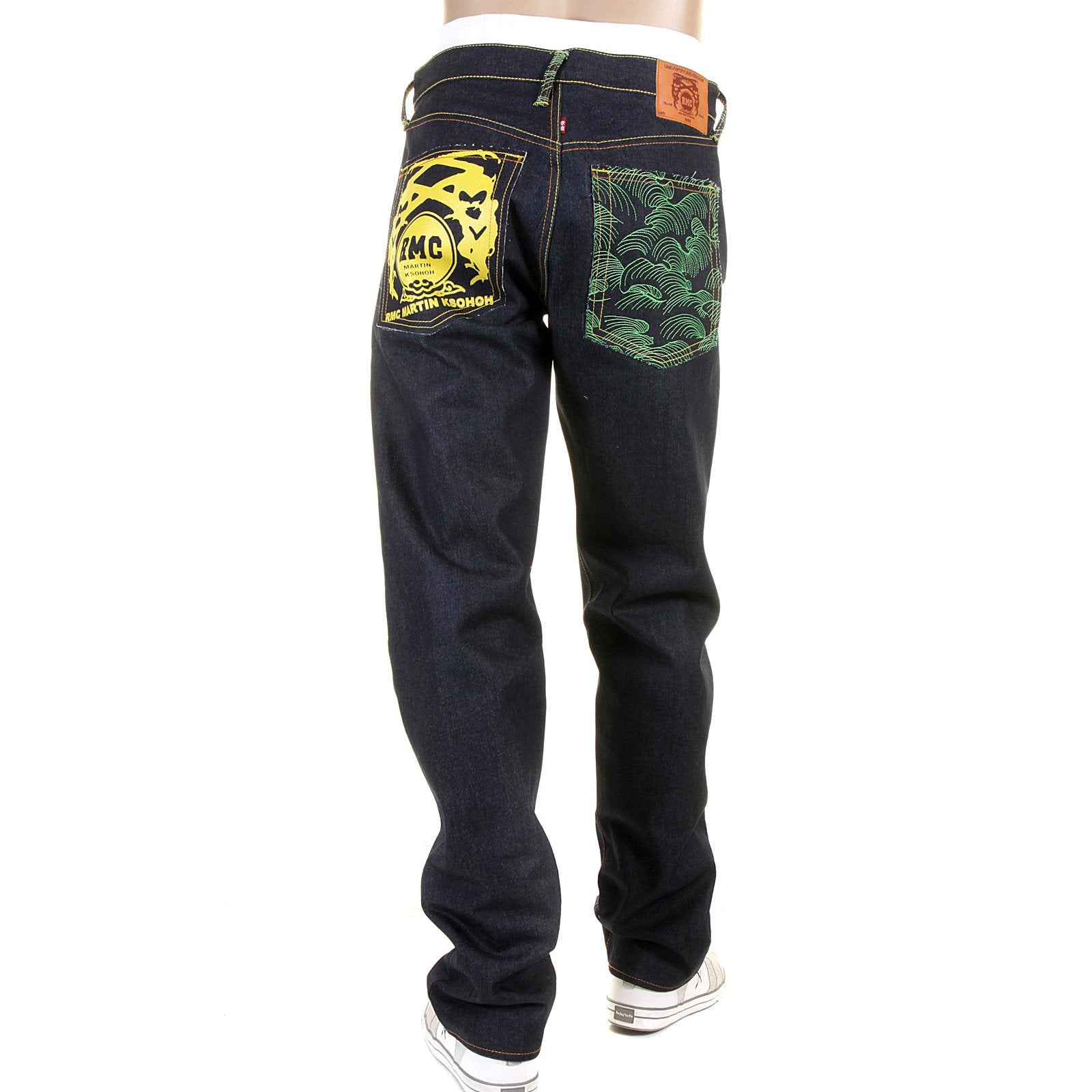 RMC JEANS RARE 1001 MODEL EMBROIDERED TSUNAMI WAVE SLIM CUT PAINTED LOGO RAW DENIM DARK INDIGO JEANS REDM1425