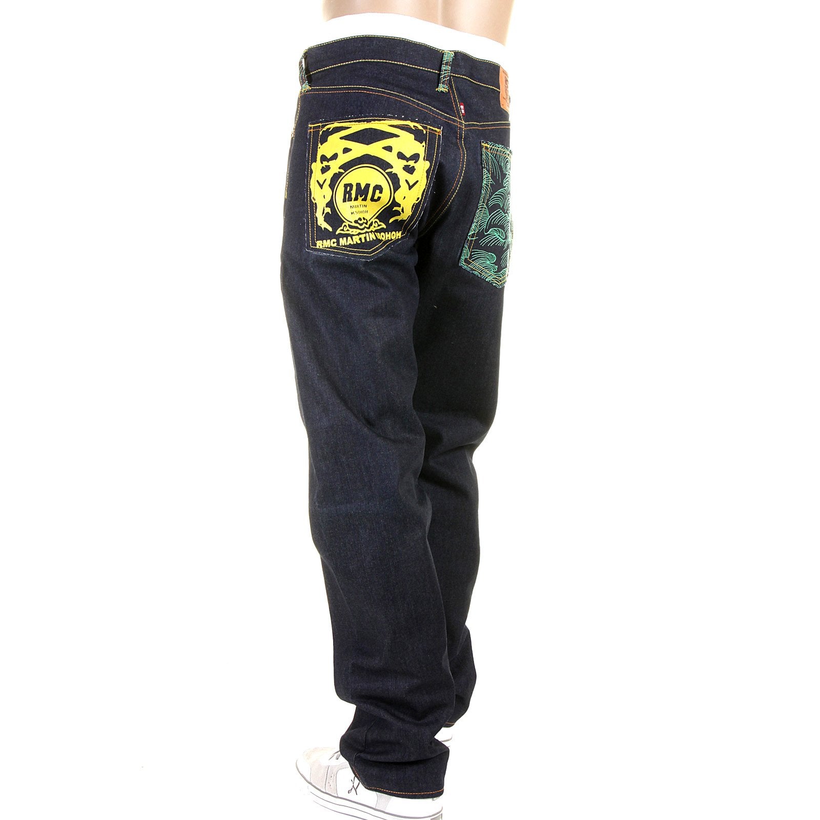 RMC JEANS RARE 1001 MODEL EMBROIDERED TSUNAMI WAVE SLIM CUT PAINTED LOGO RAW DENIM DARK INDIGO JEANS REDM1425