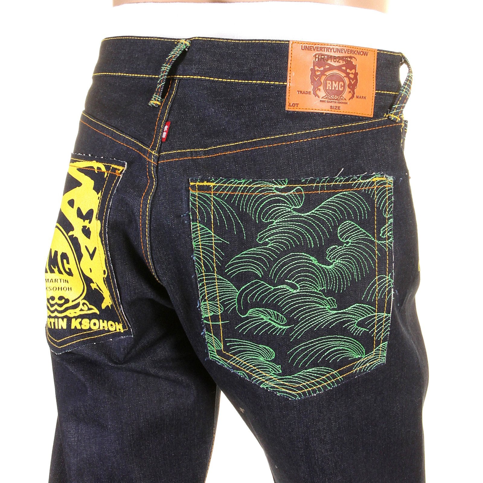 RMC JEANS RARE 1001 MODEL EMBROIDERED TSUNAMI WAVE SLIM CUT PAINTED LOGO RAW DENIM DARK INDIGO JEANS REDM1425
