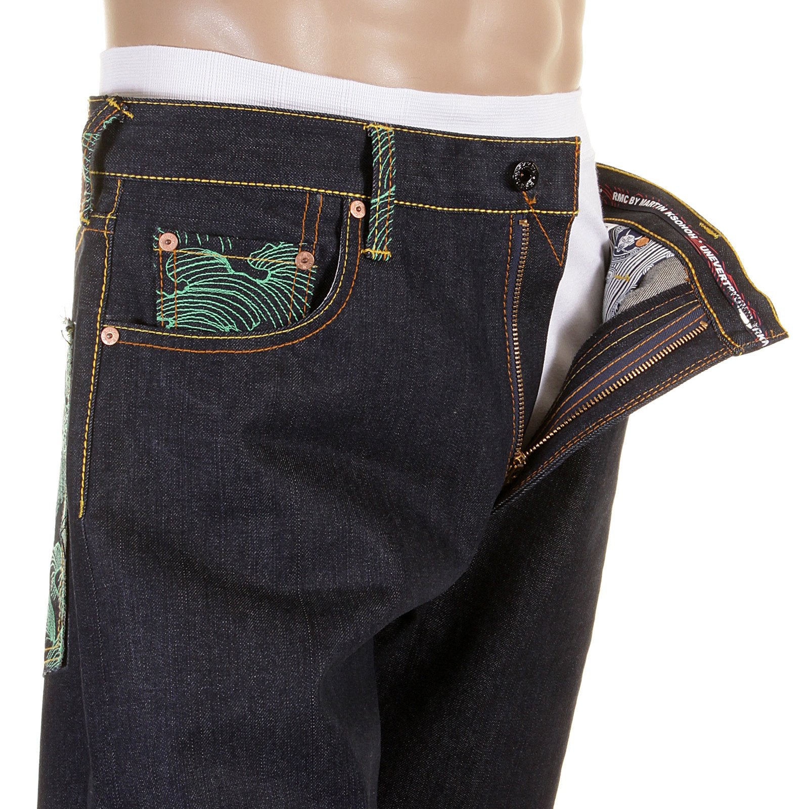 RMC JEANS RARE 1001 MODEL EMBROIDERED TSUNAMI WAVE SLIM CUT PAINTED LOGO RAW DENIM DARK INDIGO JEANS REDM1425