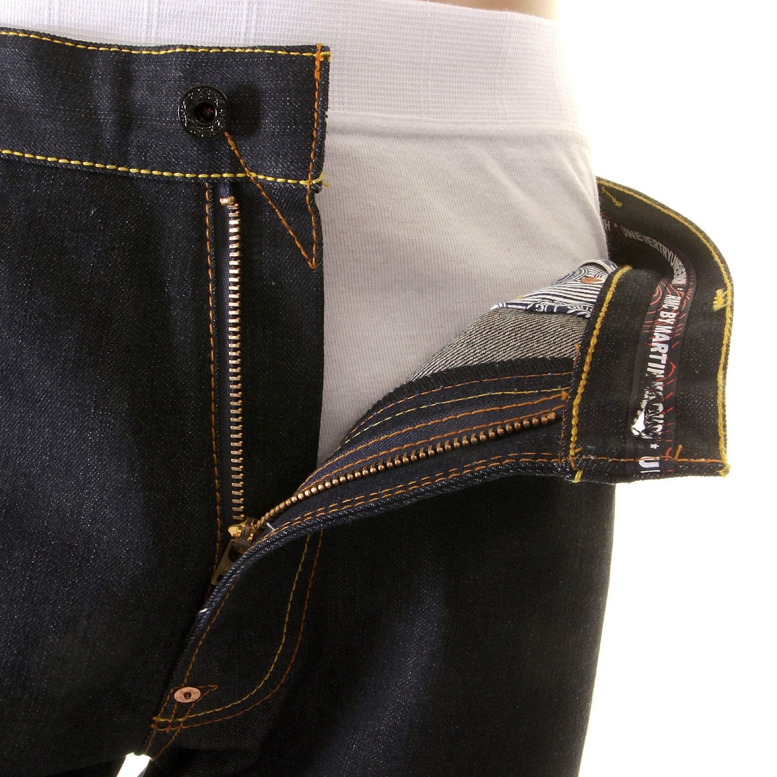 RMC JEANS RARE 1001 MODEL EMBROIDERED TSUNAMI WAVE SLIM CUT PAINTED LOGO RAW DENIM DARK INDIGO JEANS REDM1425