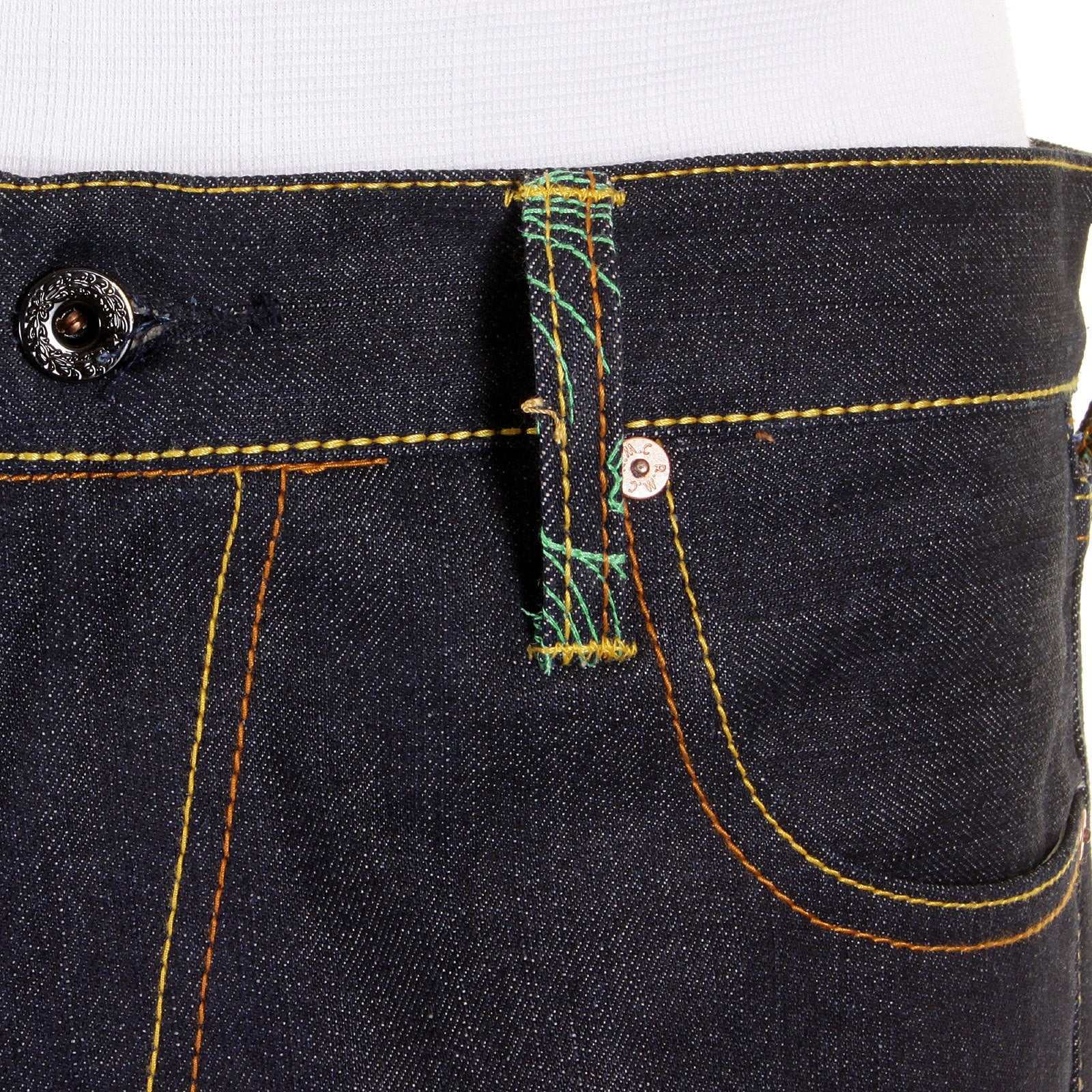 RMC JEANS RARE 1001 MODEL EMBROIDERED TSUNAMI WAVE SLIM CUT PAINTED LOGO RAW DENIM DARK INDIGO JEANS REDM1425