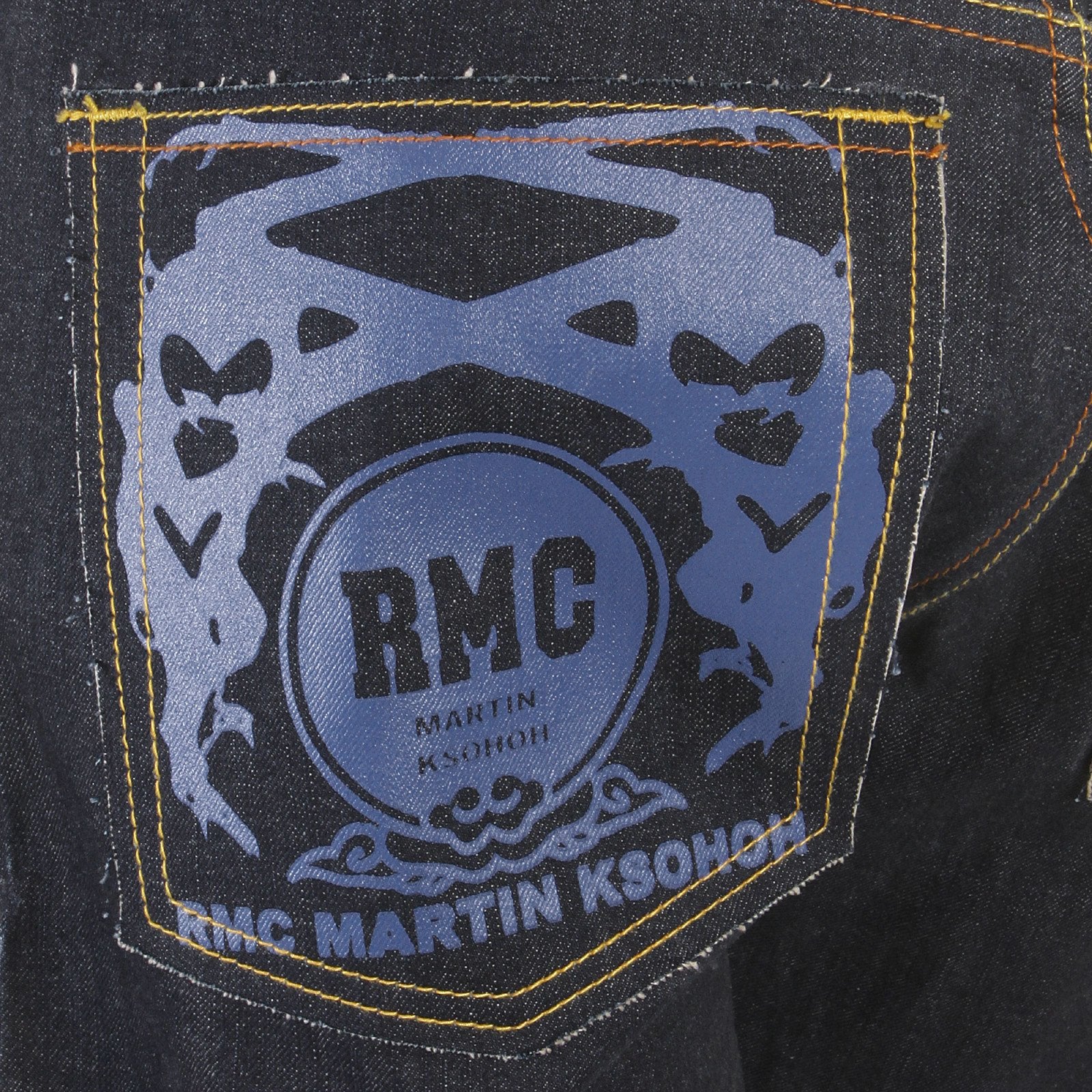 RMC JEANS ORIGINAL RAW DENIM PAINTED LOGO TSUNAMI WAVE EMBROIDERED JEANS IN DARK INDIGO WITH SLIM CUT REDM1473