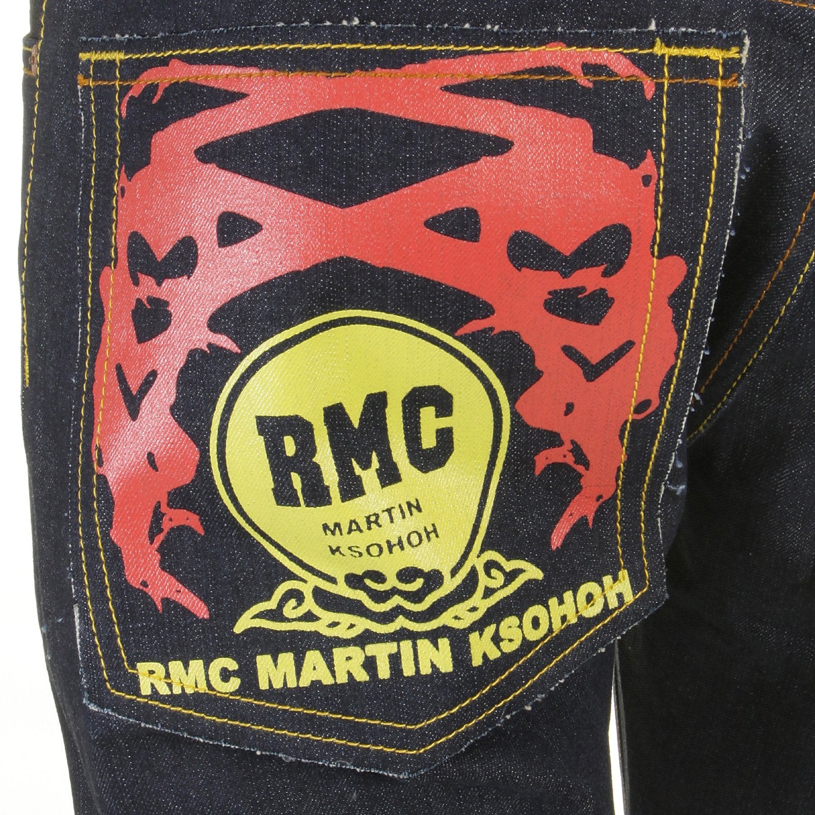 RMC JEANS DARK INDIGO GENUINE 1001 MODEL TSUNAMI WAVE EMBROIDERED PAINTED LOGO SLIM CUT RAW DENIM JEANS REDM1715