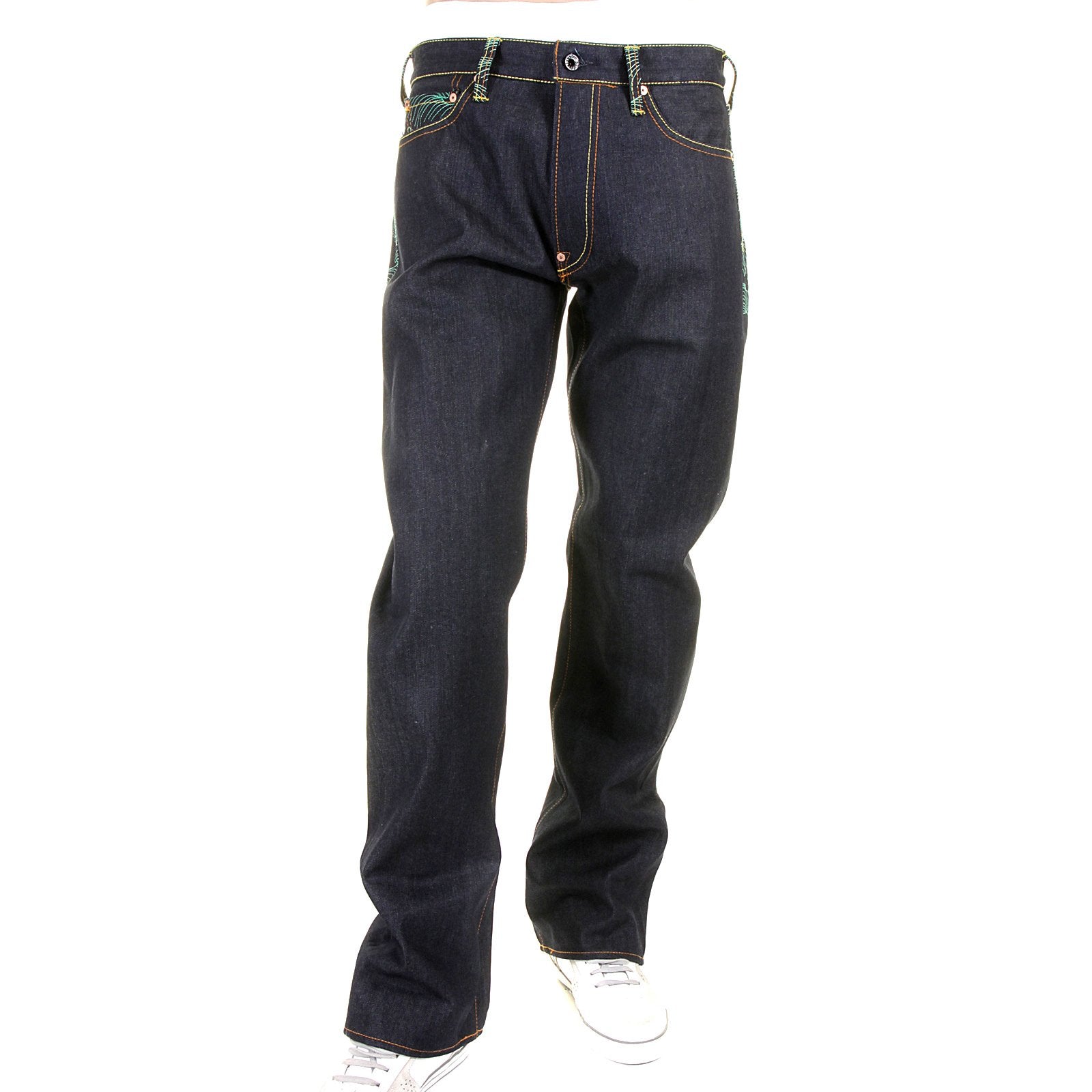 RMC JEANS DARK INDIGO GENUINE 1001 MODEL TSUNAMI WAVE EMBROIDERED PAINTED LOGO SLIM CUT RAW DENIM JEANS REDM1715