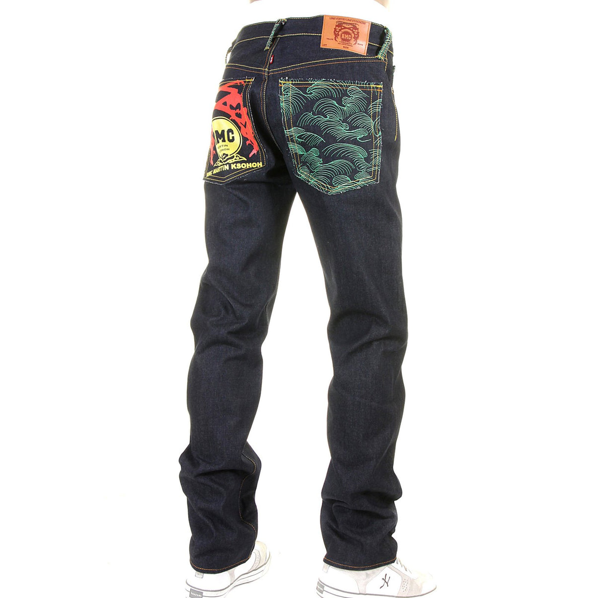 RMC JEANS DARK INDIGO GENUINE 1001 MODEL TSUNAMI WAVE EMBROIDERED PAINTED LOGO SLIM CUT RAW DENIM JEANS REDM1715
