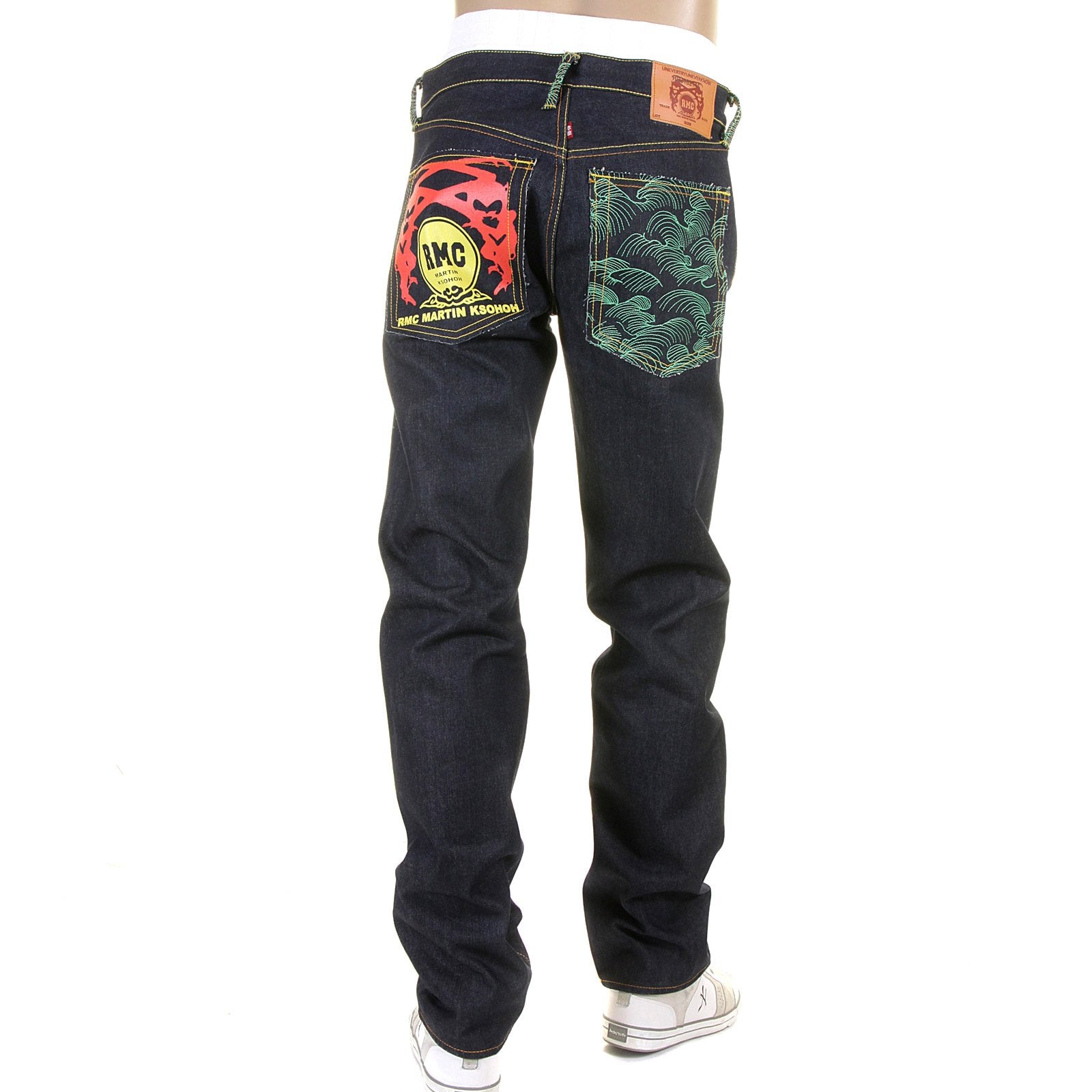 RMC JEANS DARK INDIGO GENUINE 1001 MODEL TSUNAMI WAVE EMBROIDERED PAINTED LOGO SLIM CUT RAW DENIM JEANS REDM1715