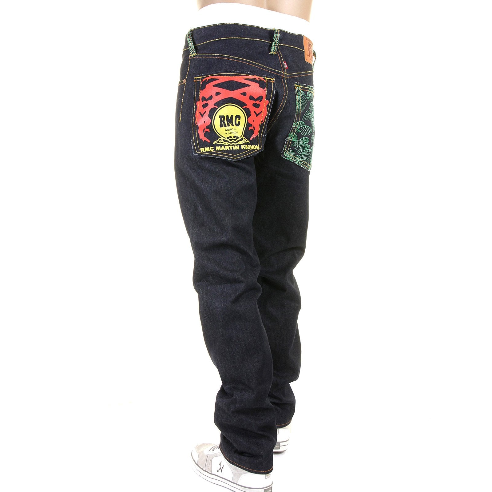 RMC JEANS DARK INDIGO GENUINE 1001 MODEL TSUNAMI WAVE EMBROIDERED PAINTED LOGO SLIM CUT RAW DENIM JEANS REDM1715