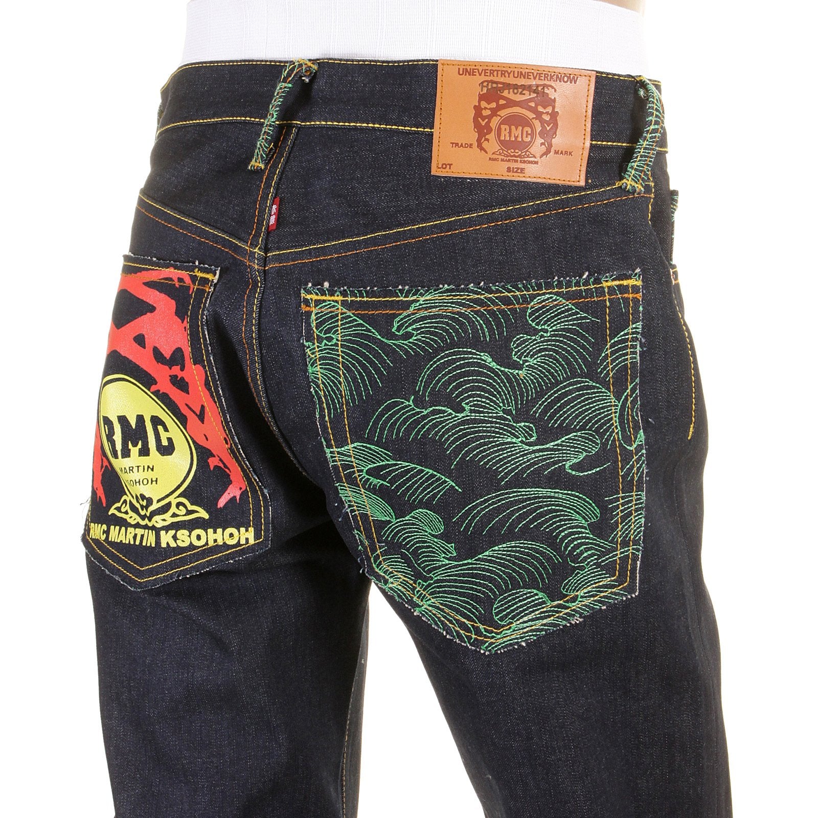RMC JEANS DARK INDIGO GENUINE 1001 MODEL TSUNAMI WAVE EMBROIDERED PAINTED LOGO SLIM CUT RAW DENIM JEANS REDM1715