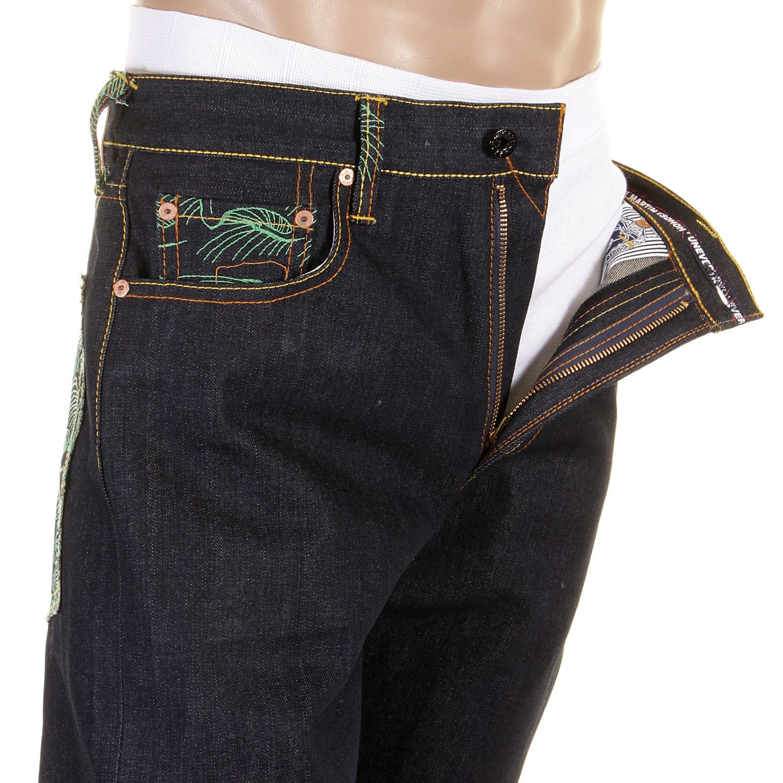 RMC JEANS DARK INDIGO GENUINE 1001 MODEL TSUNAMI WAVE EMBROIDERED PAINTED LOGO SLIM CUT RAW DENIM JEANS REDM1715