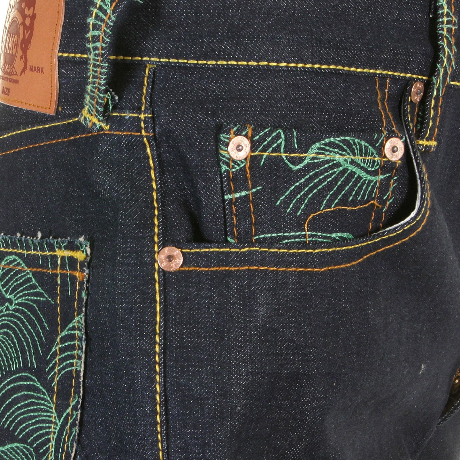 RMC JEANS DARK INDIGO GENUINE 1001 MODEL TSUNAMI WAVE EMBROIDERED PAINTED LOGO SLIM CUT RAW DENIM JEANS REDM1715