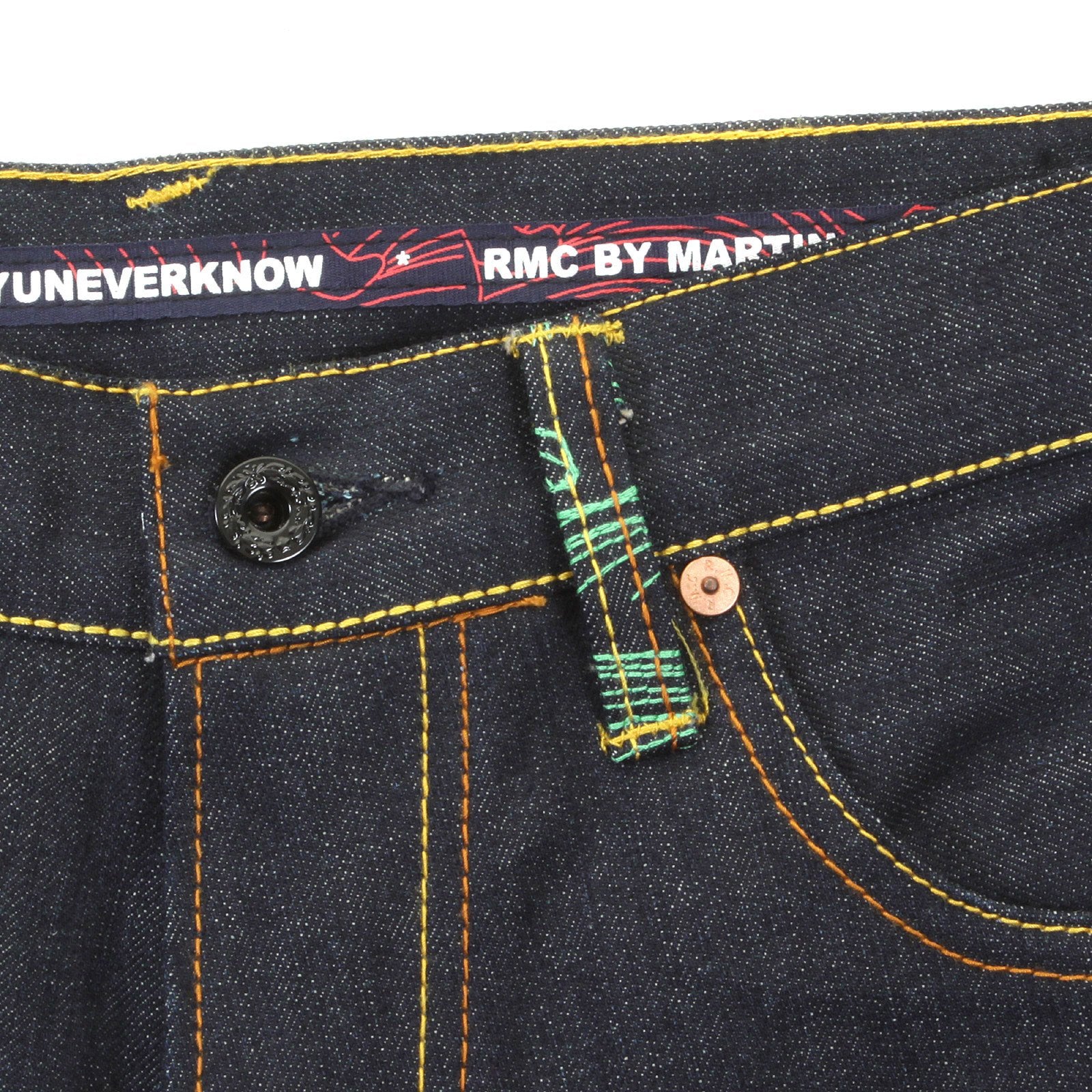 RMC JEANS DARK INDIGO GENUINE 1001 MODEL TSUNAMI WAVE EMBROIDERED PAINTED LOGO SLIM CUT RAW DENIM JEANS REDM1715