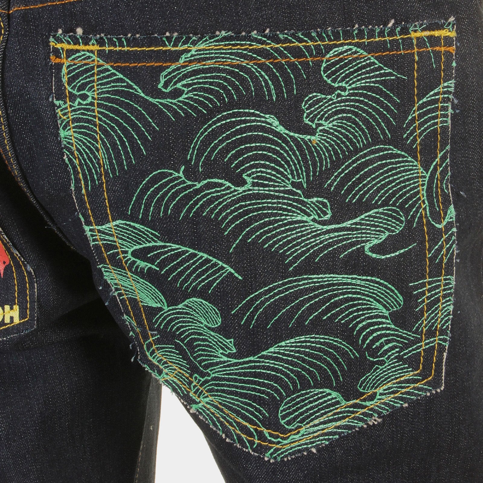 RMC JEANS DARK INDIGO GENUINE 1001 MODEL TSUNAMI WAVE EMBROIDERED PAINTED LOGO SLIM CUT RAW DENIM JEANS REDM1715