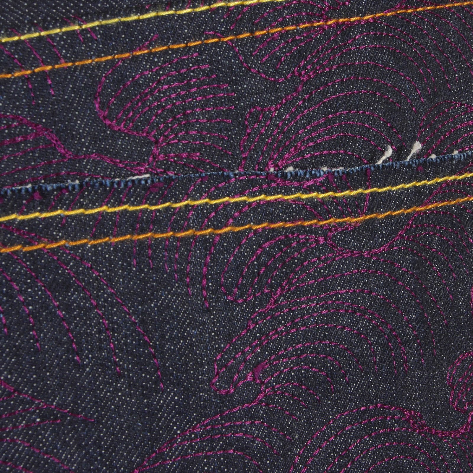 RMC JEANS VINTAGE CUT RAW DENIM DARK INDIGO JEANS WITH FULL BACK EMBROIDERED TSUNAMI WAVE IN PURPLE REDM1773