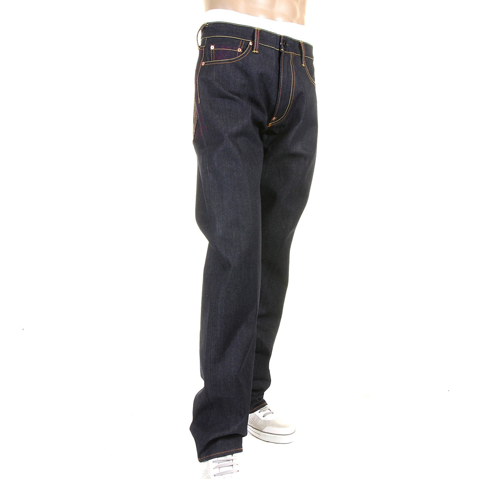 RMC JEANS VINTAGE CUT RAW DENIM DARK INDIGO JEANS WITH FULL BACK EMBROIDERED TSUNAMI WAVE IN PURPLE REDM1773