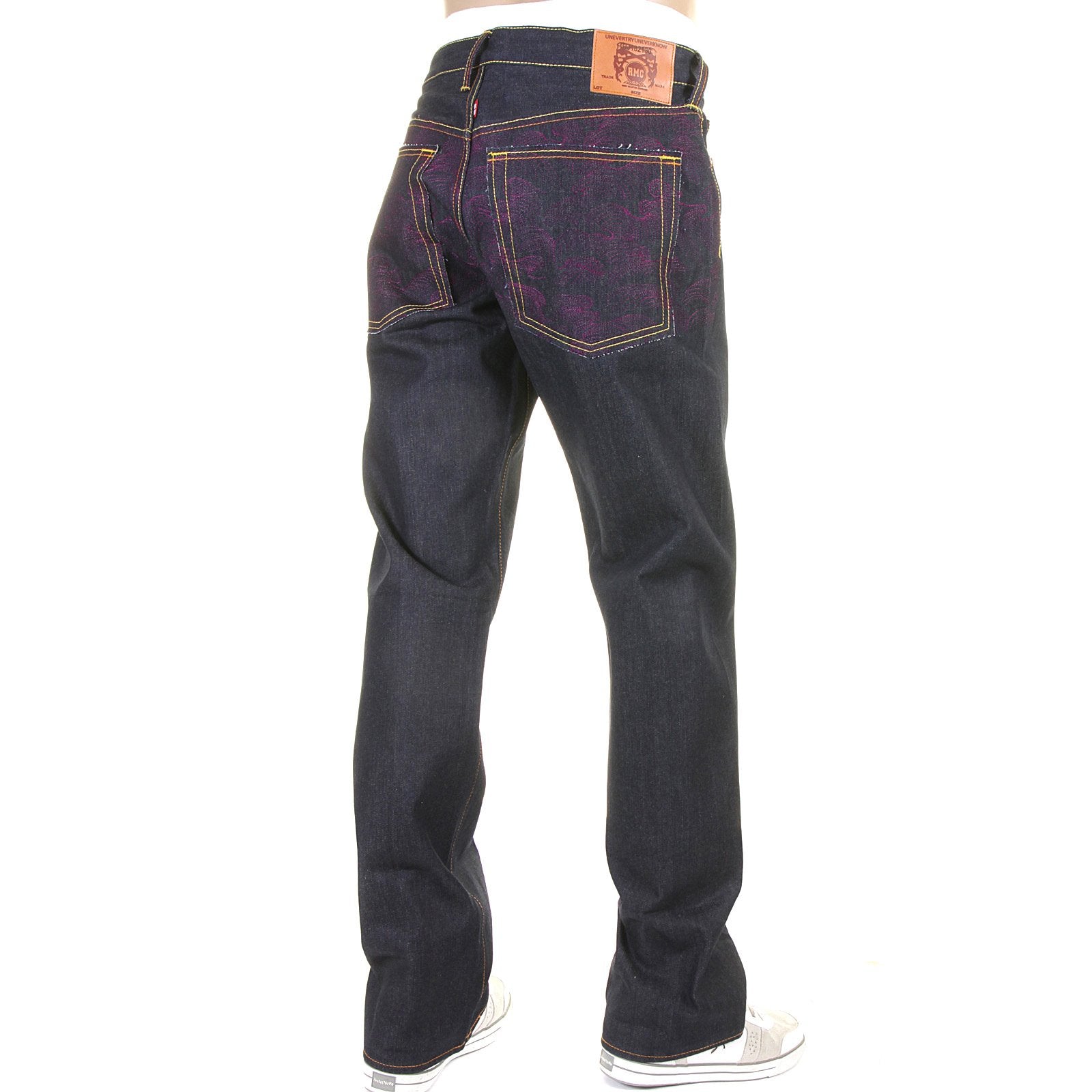 RMC JEANS VINTAGE CUT RAW DENIM DARK INDIGO JEANS WITH FULL BACK EMBROIDERED TSUNAMI WAVE IN PURPLE REDM1773
