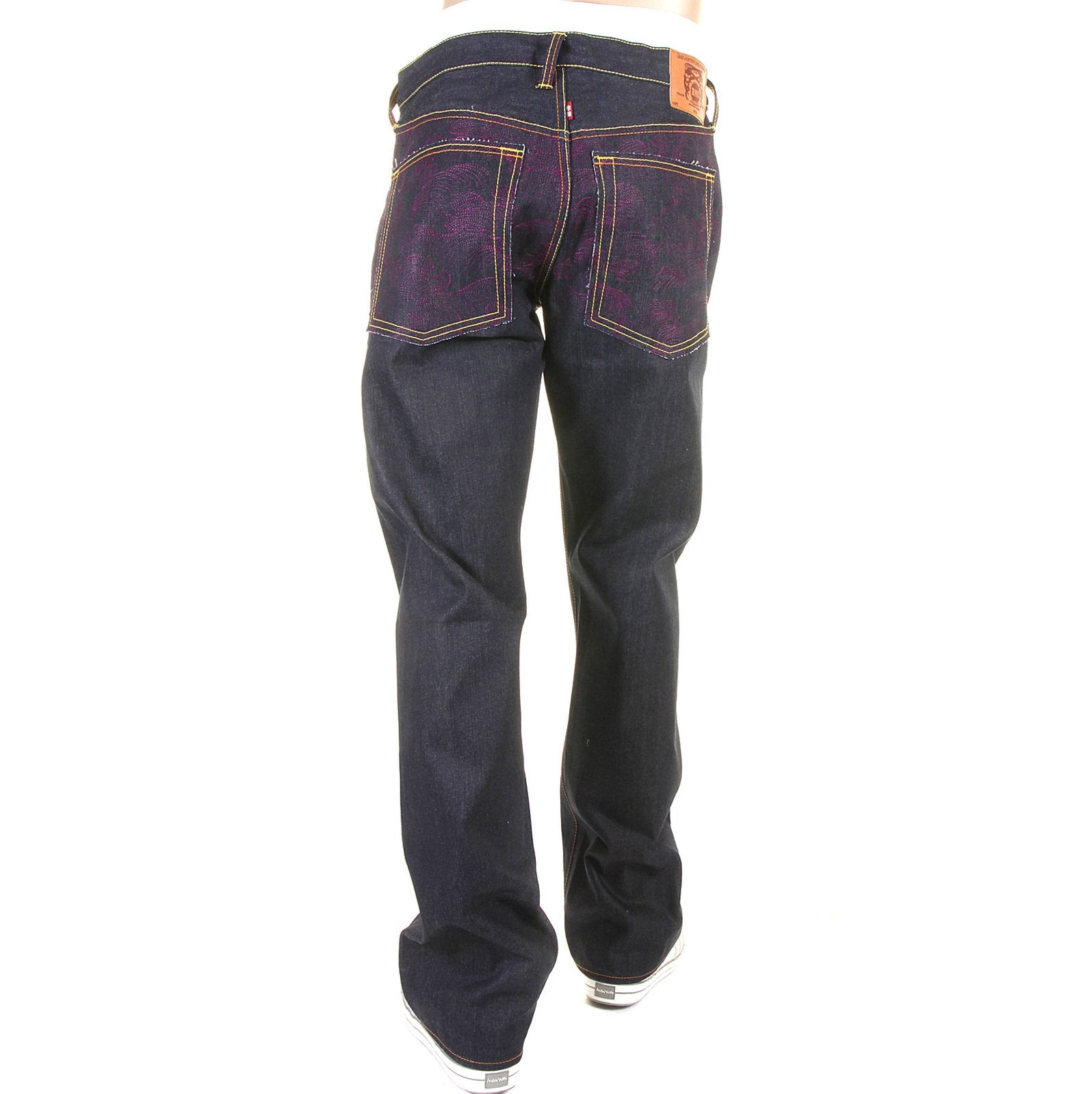 RMC JEANS VINTAGE CUT RAW DENIM DARK INDIGO JEANS WITH FULL BACK EMBROIDERED TSUNAMI WAVE IN PURPLE REDM1773