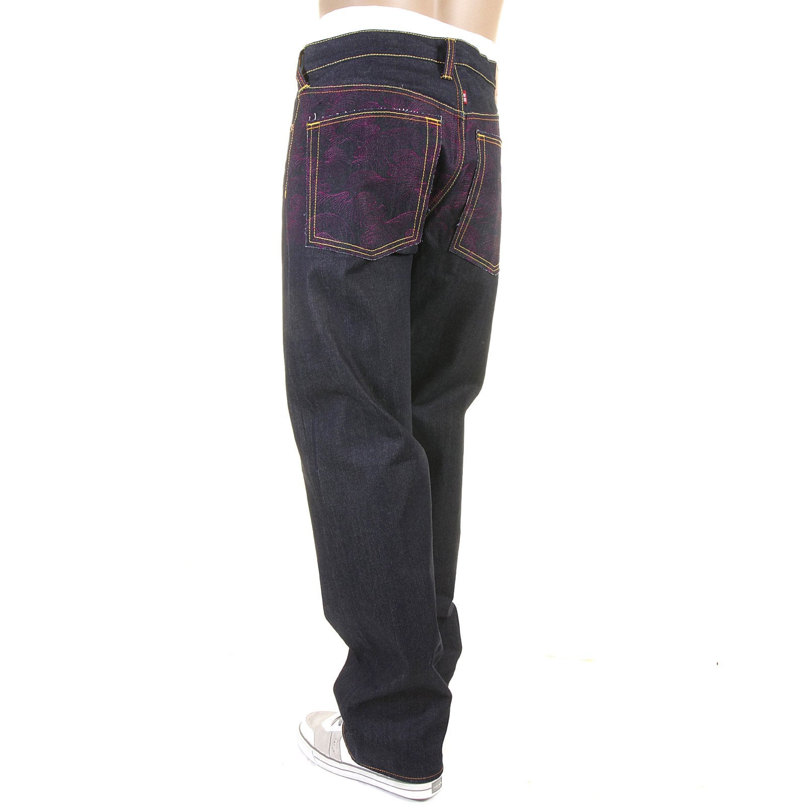 RMC JEANS VINTAGE CUT RAW DENIM DARK INDIGO JEANS WITH FULL BACK EMBROIDERED TSUNAMI WAVE IN PURPLE REDM1773