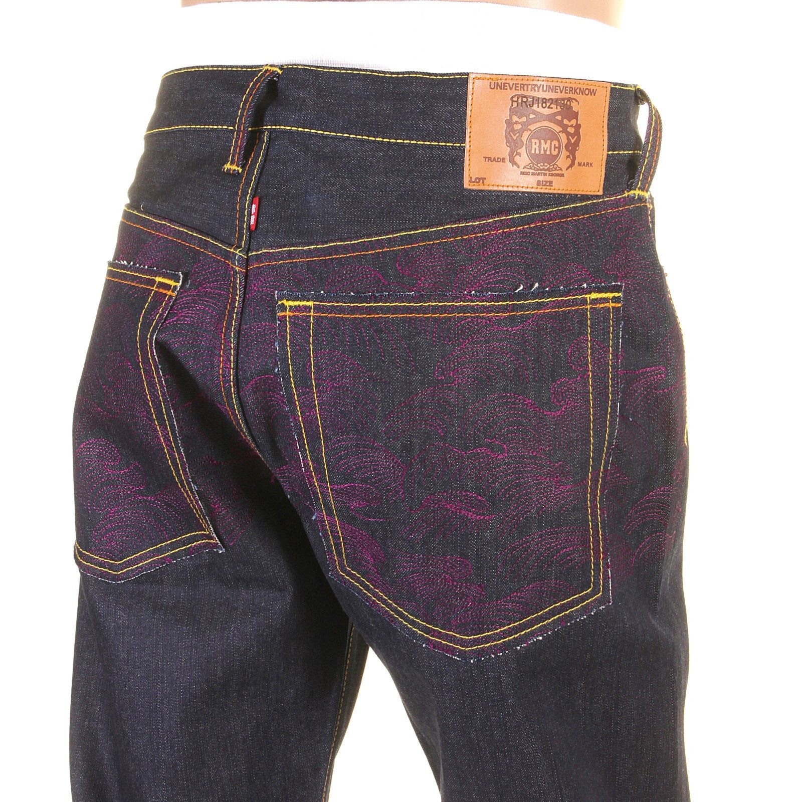RMC JEANS VINTAGE CUT RAW DENIM DARK INDIGO JEANS WITH FULL BACK EMBROIDERED TSUNAMI WAVE IN PURPLE REDM1773