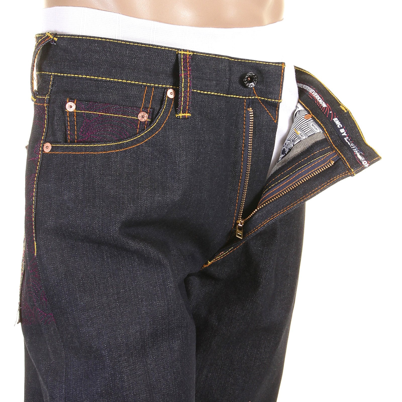 RMC JEANS VINTAGE CUT RAW DENIM DARK INDIGO JEANS WITH FULL BACK EMBROIDERED TSUNAMI WAVE IN PURPLE REDM1773