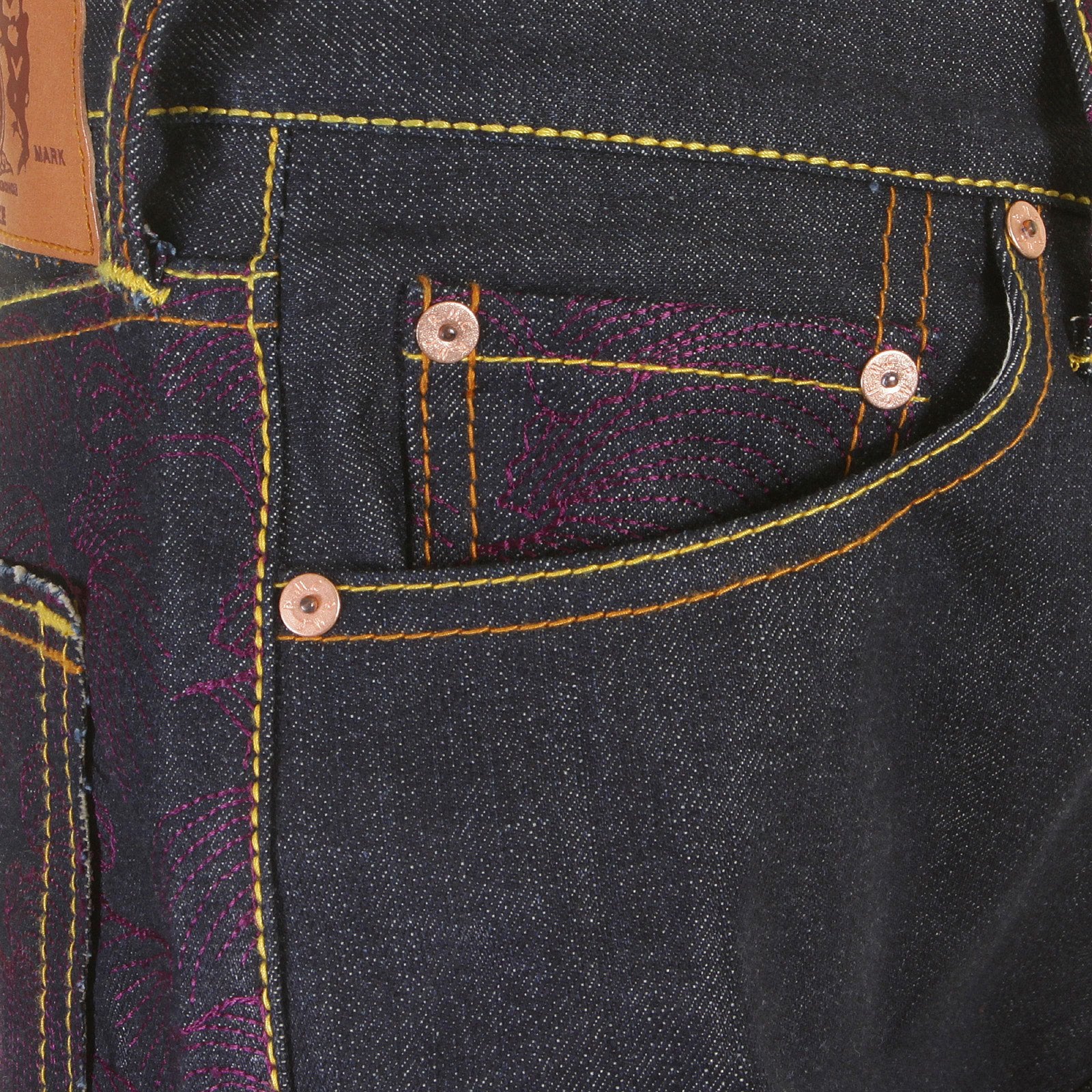RMC JEANS VINTAGE CUT RAW DENIM DARK INDIGO JEANS WITH FULL BACK EMBROIDERED TSUNAMI WAVE IN PURPLE REDM1773