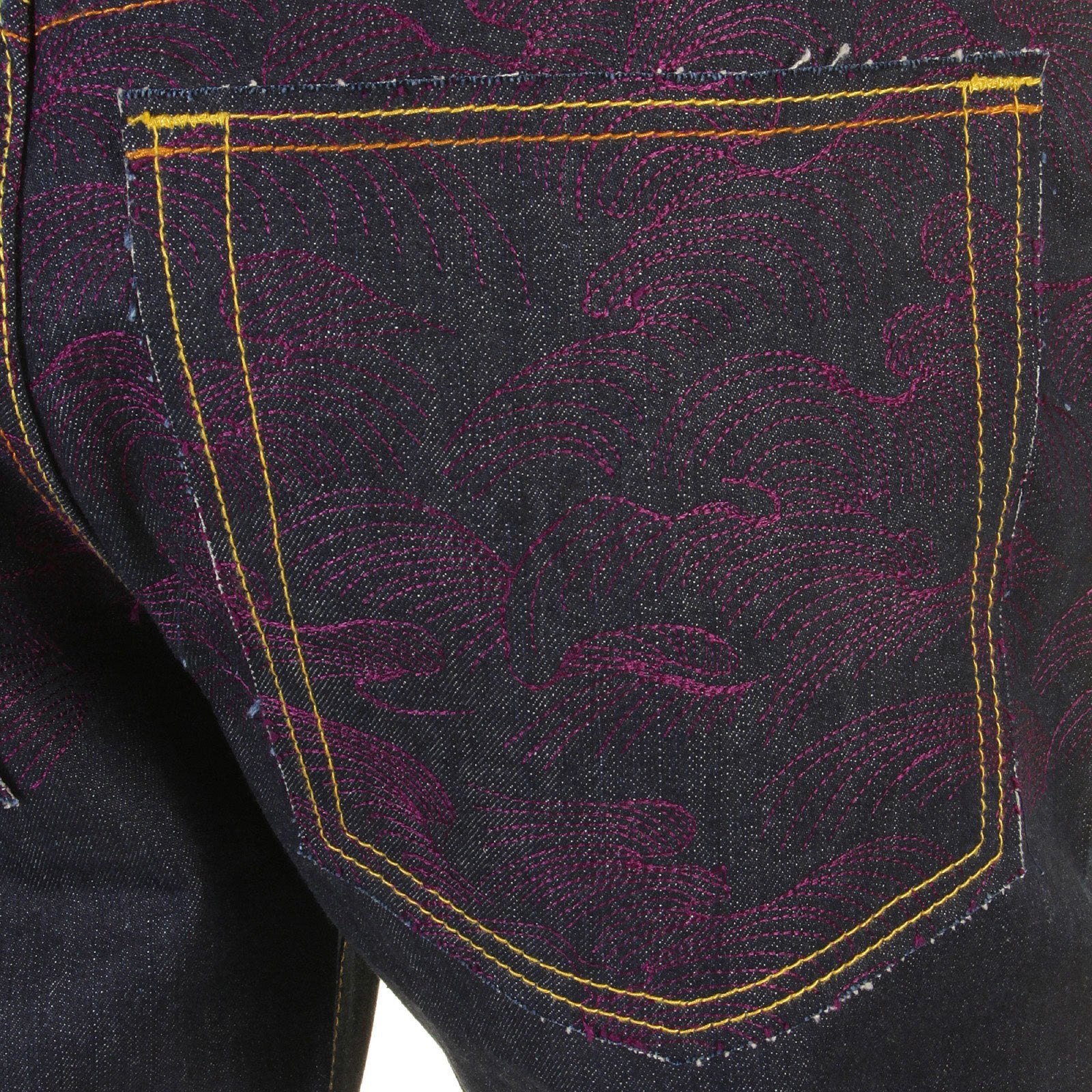 RMC JEANS VINTAGE CUT RAW DENIM DARK INDIGO JEANS WITH FULL BACK EMBROIDERED TSUNAMI WAVE IN PURPLE REDM1773
