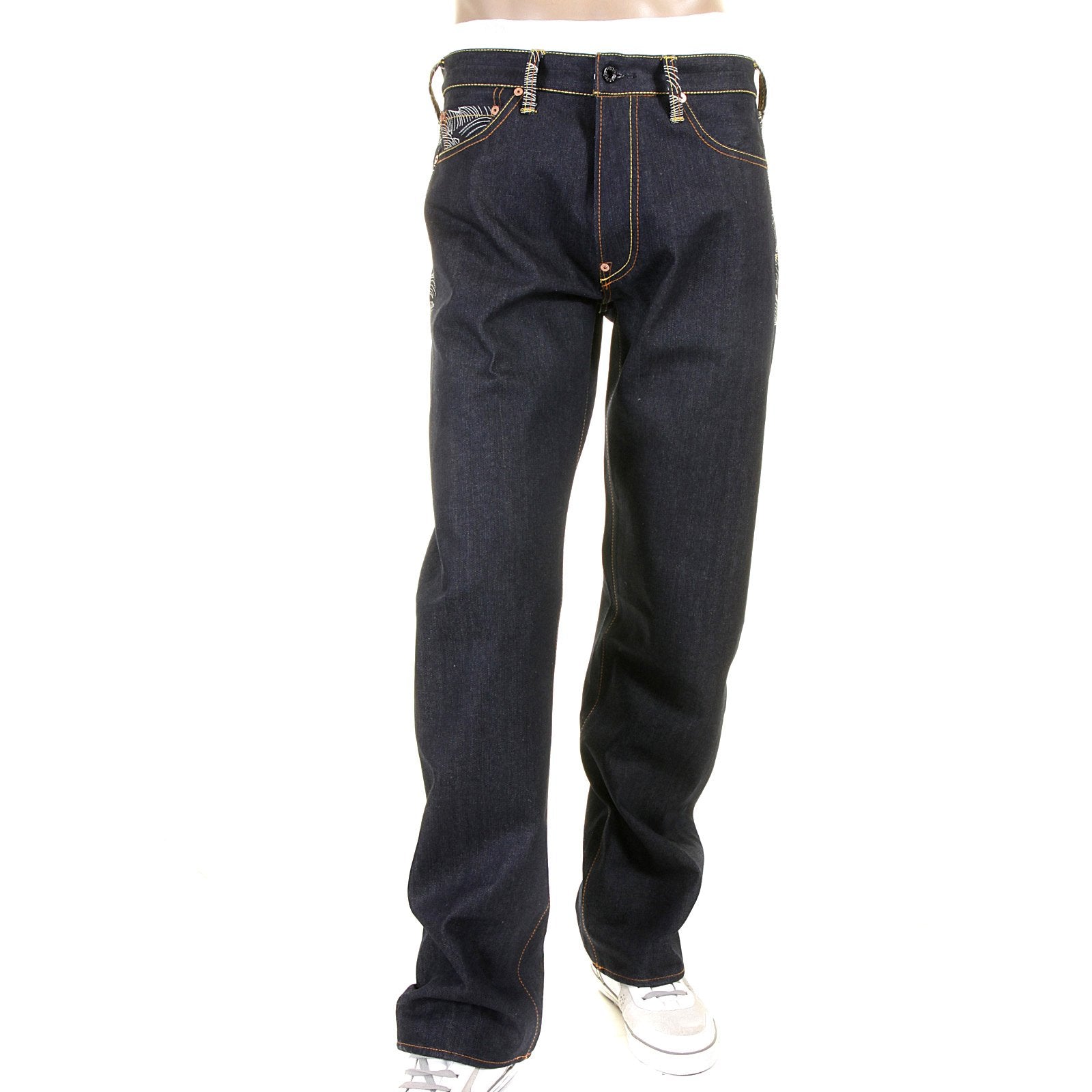 RMC MARTIN KSOHOH RARE VINTAGE CUT DARK INDIGO RAW DENIM JEANS WITH OFF WHITE TSUNAMI WAVE EMBROIDERY REDM1787