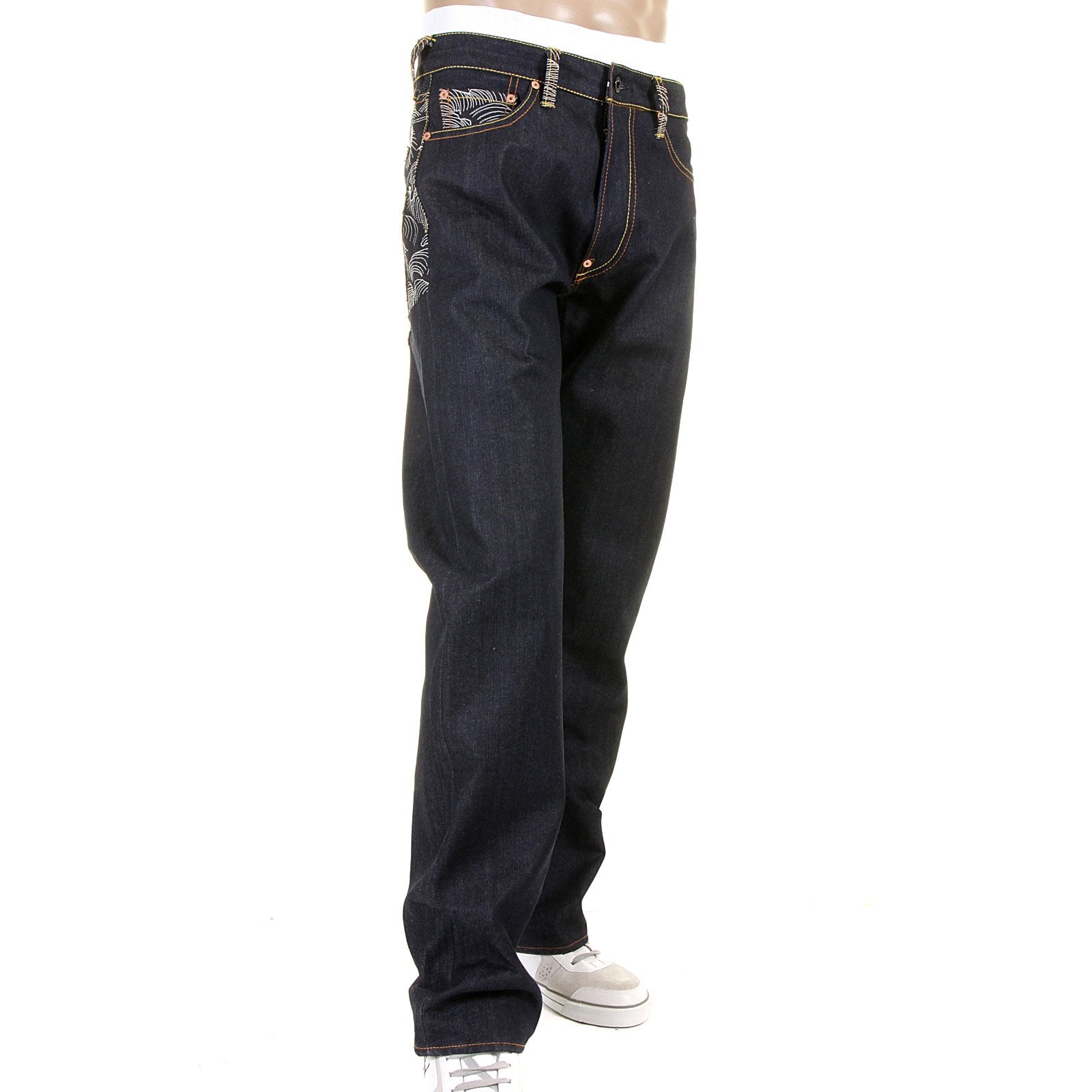 RMC MARTIN KSOHOH RARE VINTAGE CUT DARK INDIGO RAW DENIM JEANS WITH OFF WHITE TSUNAMI WAVE EMBROIDERY REDM1787