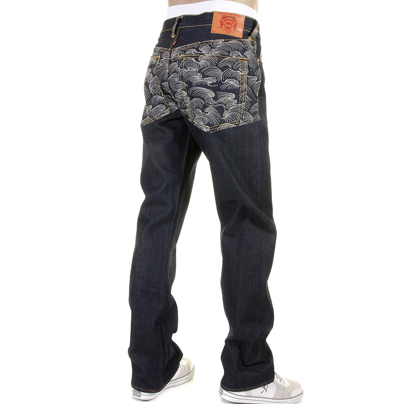 RMC MARTIN KSOHOH RARE VINTAGE CUT DARK INDIGO RAW DENIM JEANS WITH OFF WHITE TSUNAMI WAVE EMBROIDERY REDM1787
