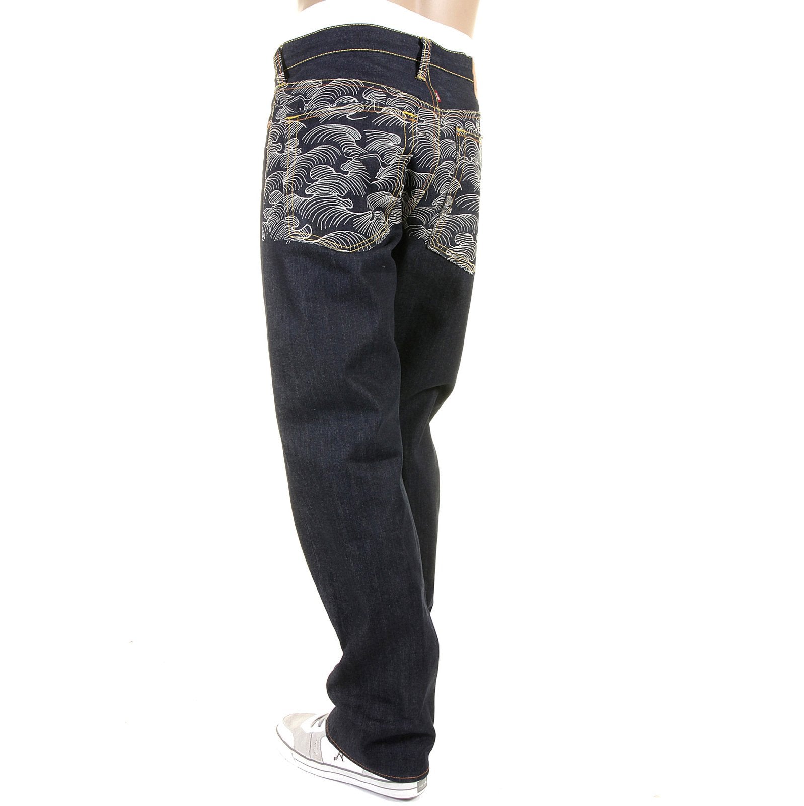 RMC MARTIN KSOHOH RARE VINTAGE CUT DARK INDIGO RAW DENIM JEANS WITH OFF WHITE TSUNAMI WAVE EMBROIDERY REDM1787