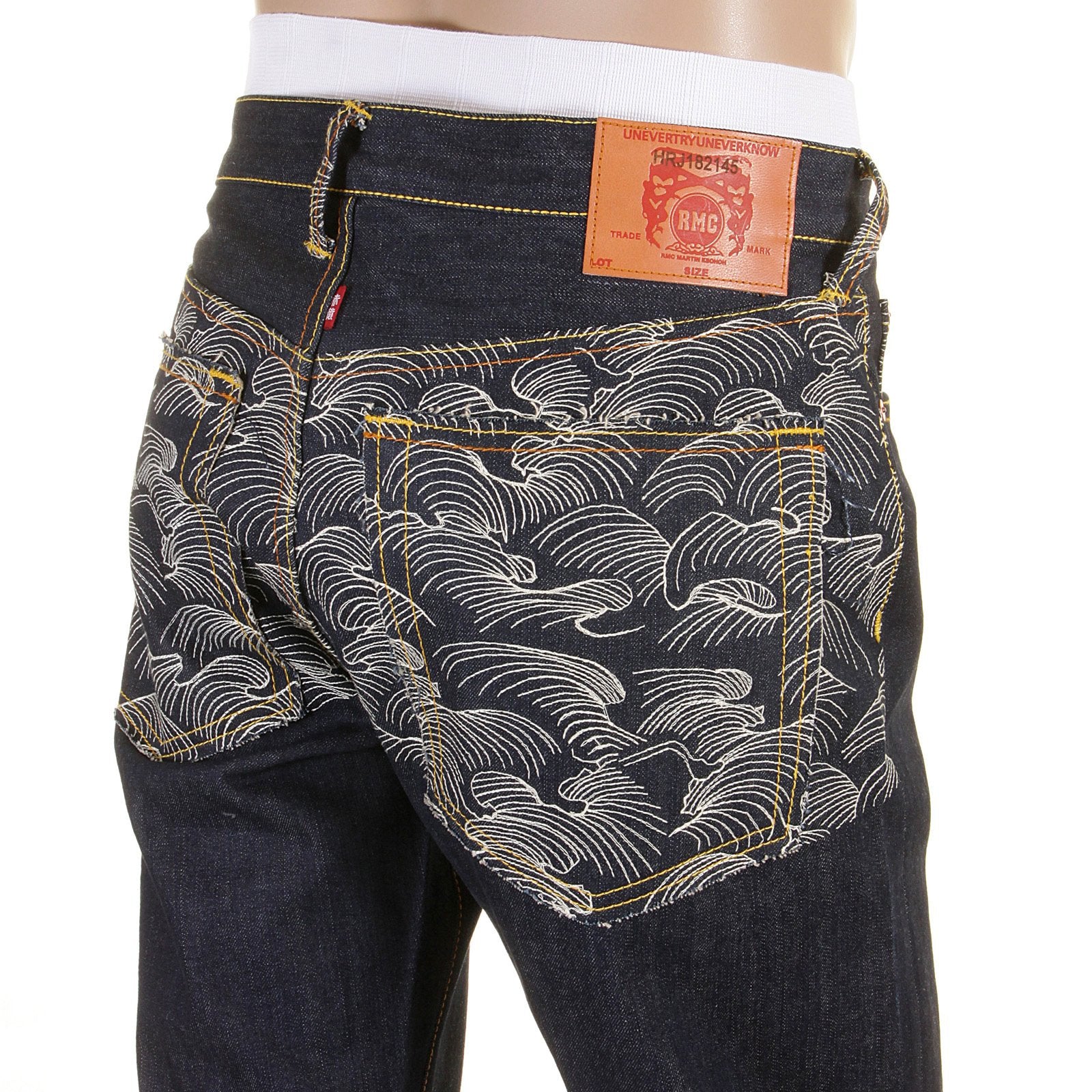 RMC MARTIN KSOHOH RARE VINTAGE CUT DARK INDIGO RAW DENIM JEANS WITH OFF WHITE TSUNAMI WAVE EMBROIDERY REDM1787