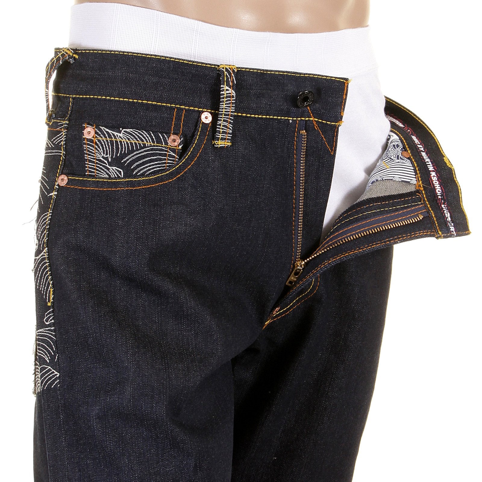 RMC MARTIN KSOHOH RARE VINTAGE CUT DARK INDIGO RAW DENIM JEANS WITH OFF WHITE TSUNAMI WAVE EMBROIDERY REDM1787