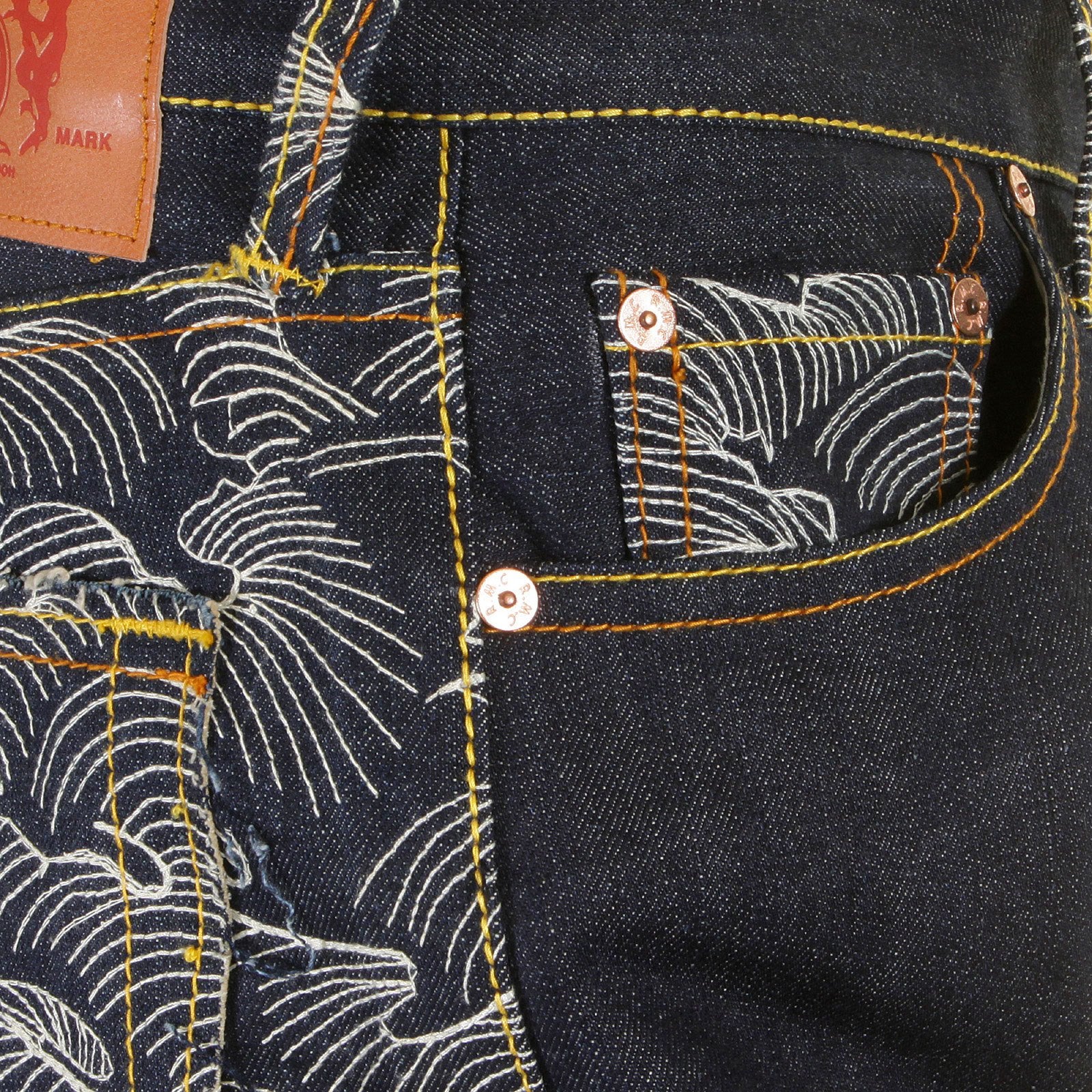 RMC MARTIN KSOHOH RARE VINTAGE CUT DARK INDIGO RAW DENIM JEANS WITH OFF WHITE TSUNAMI WAVE EMBROIDERY REDM1787
