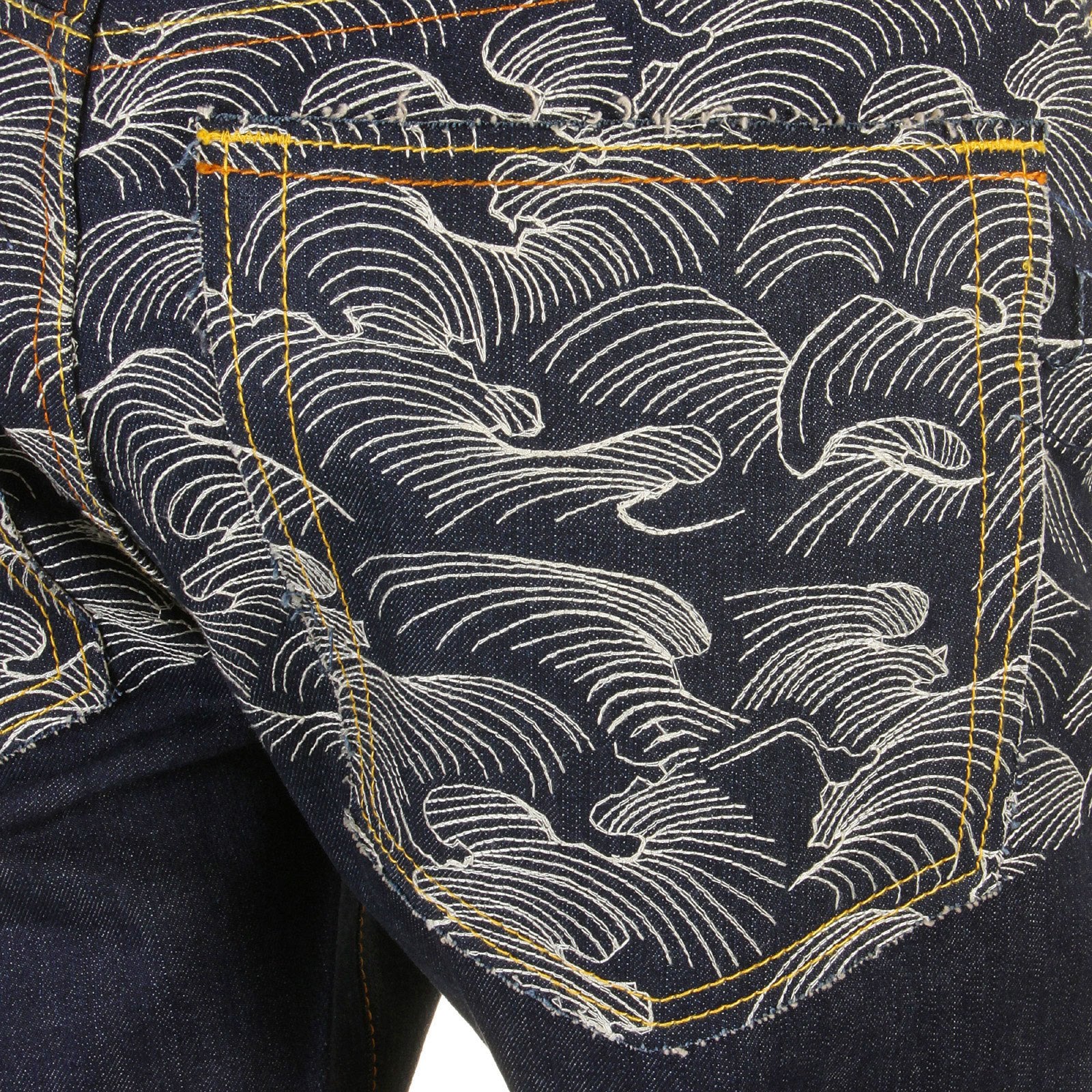 RMC MARTIN KSOHOH RARE VINTAGE CUT DARK INDIGO RAW DENIM JEANS WITH OFF WHITE TSUNAMI WAVE EMBROIDERY REDM1787