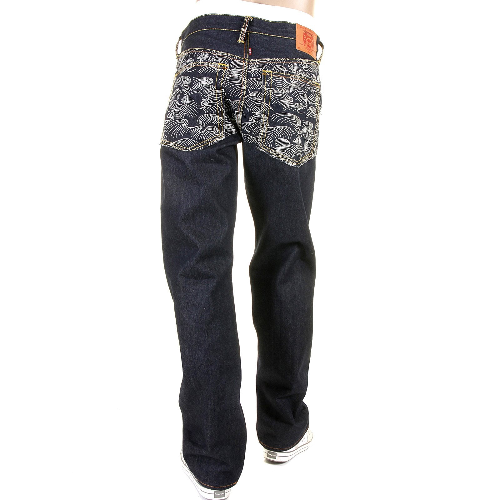 RMC MARTIN KSOHOH RARE VINTAGE CUT DARK INDIGO RAW DENIM JEANS WITH OFF WHITE TSUNAMI WAVE EMBROIDERY REDM1787