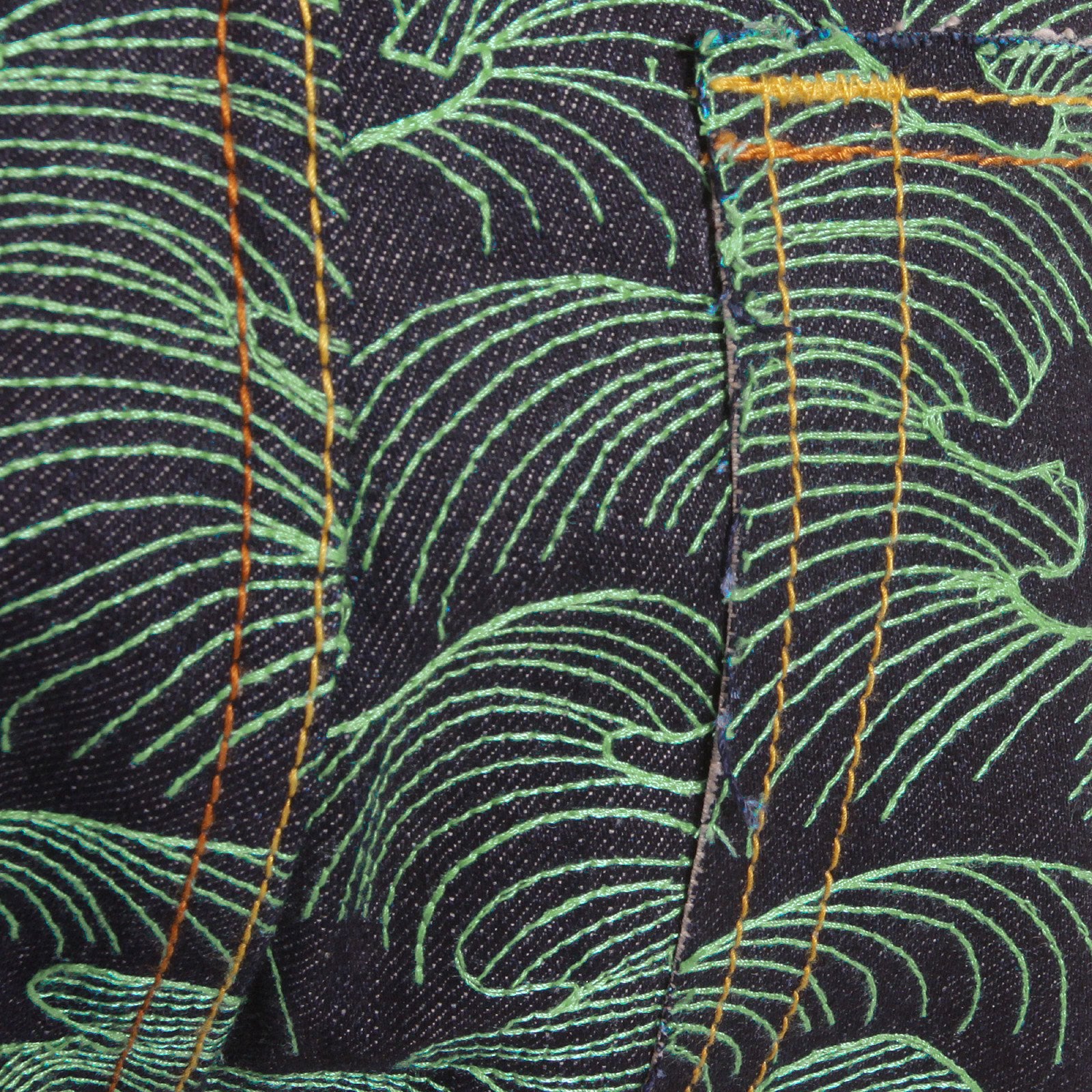 RMC MARTIN KSOHOH EXCLUSIVE VINTAGE CUT DARK INDIGO RAW DENIM JEANS WITH GREEN TSUNAMI WAVE EMBROIDERY REDM1881